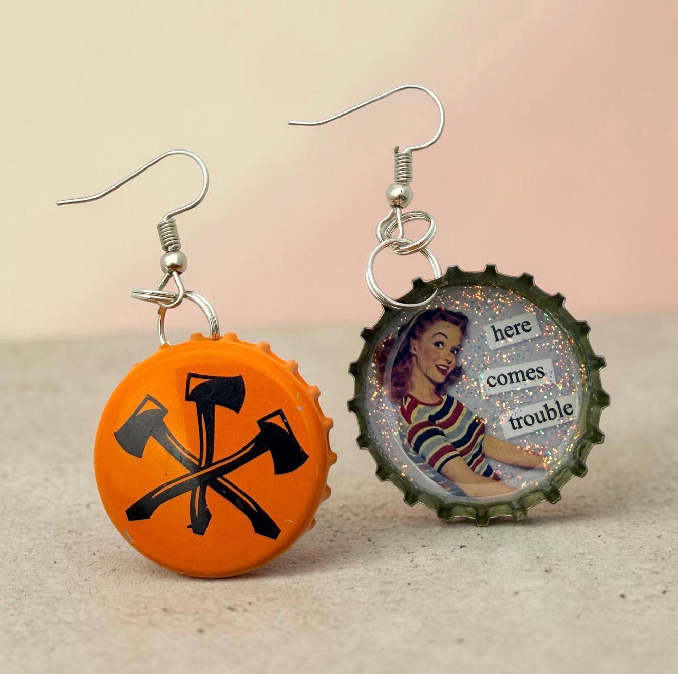 Retro Pin Up Bottle Cap Earrings – Rockabilly Statement Jewelry