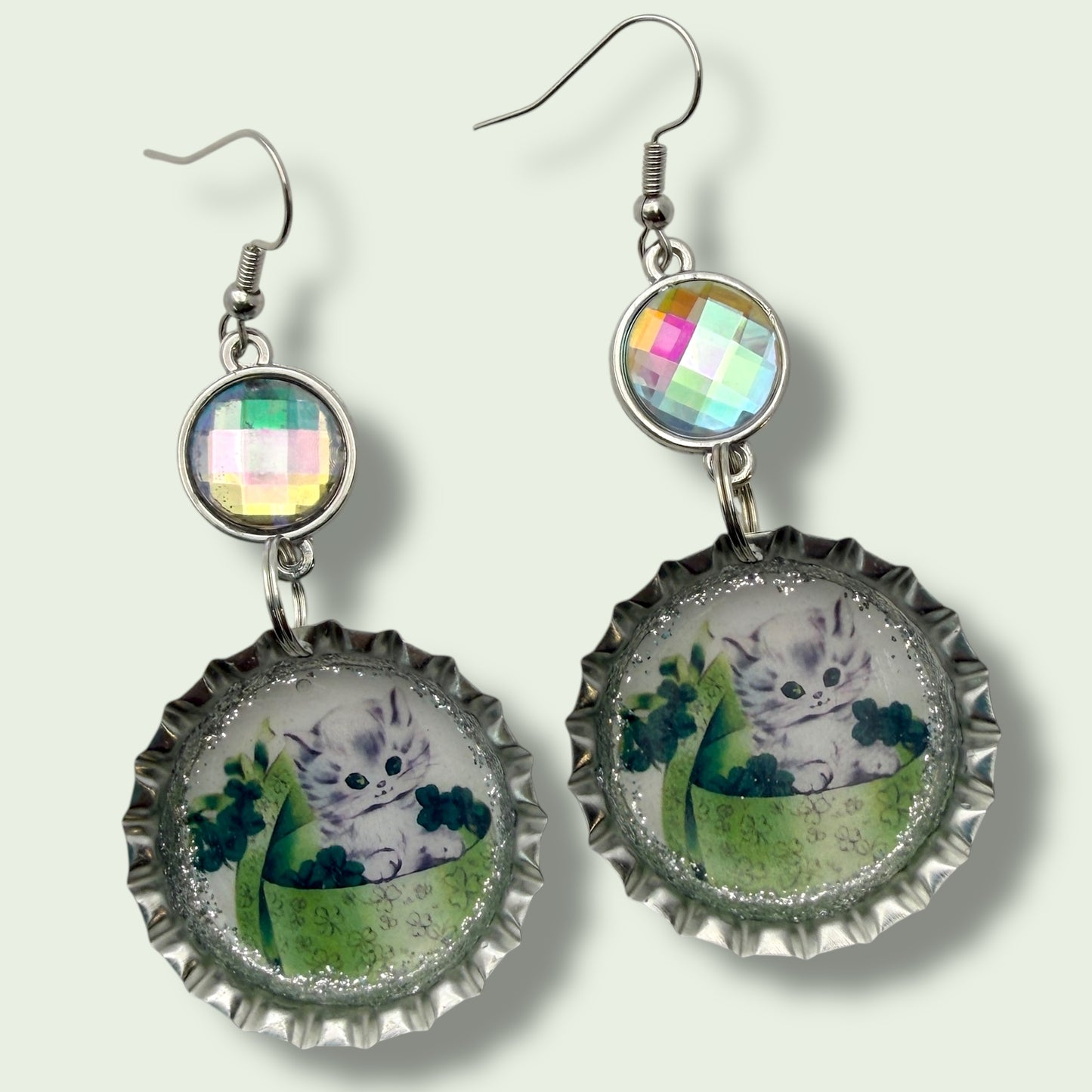 Lucky Kitten Clover Bottle Cap Earrings