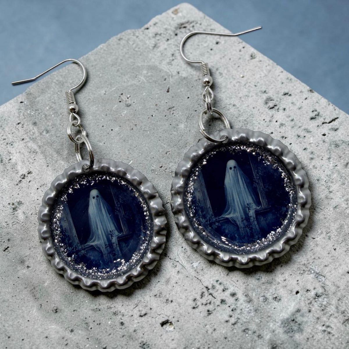 Ghost Bottle Cap Earrings – Silver Glitter Spooky Dangles