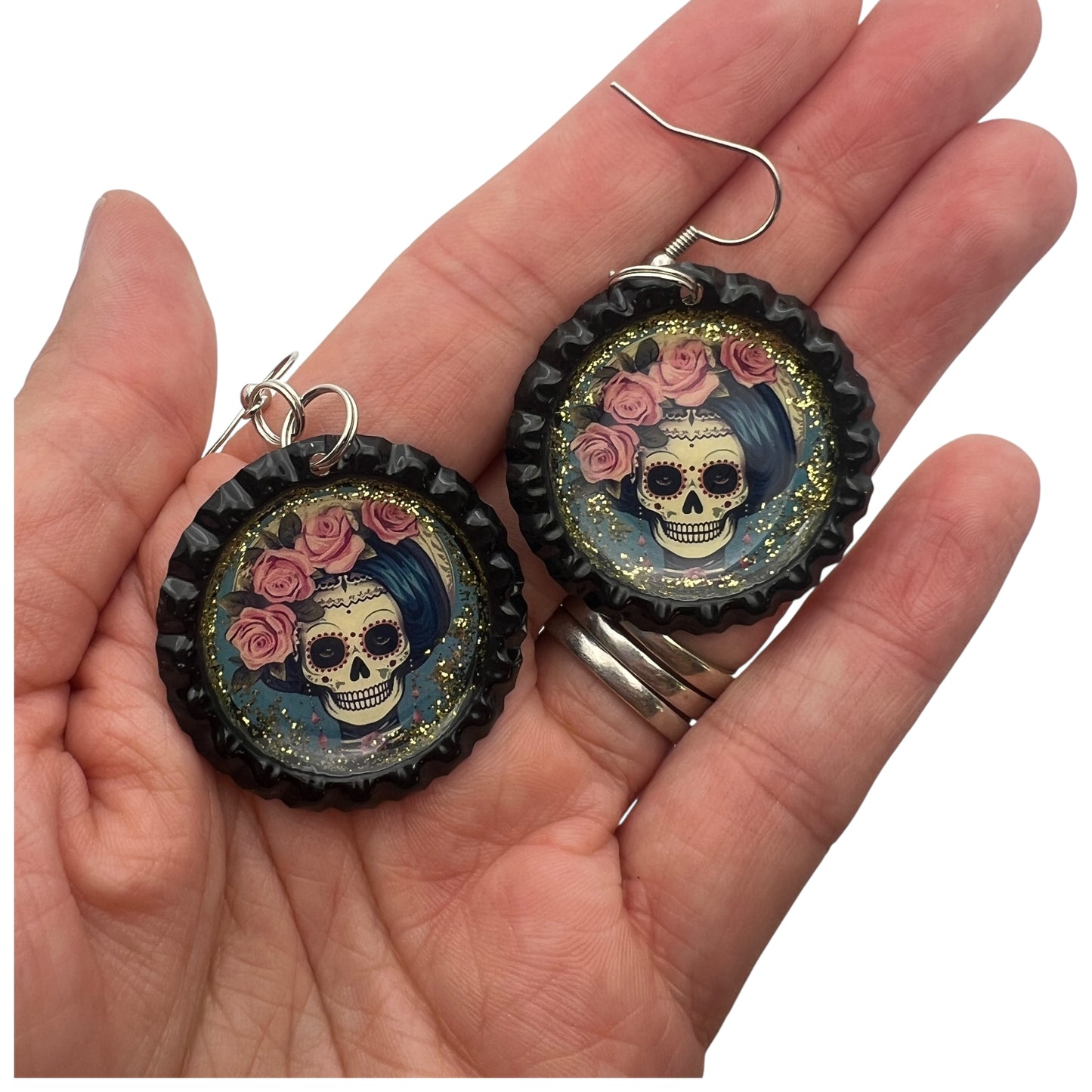 Sugar Skull Bottle Cap Earrings – Pink Rose Glitter Dangle | Día de los Muertos Jewelry