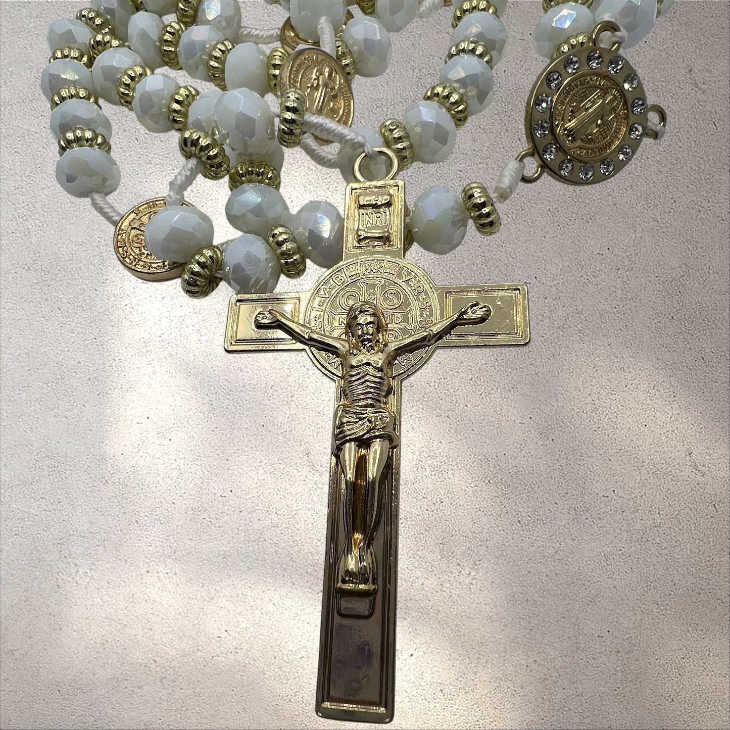 White Crystal Rosary 21” with Gold Crucifix & Catholic Medal