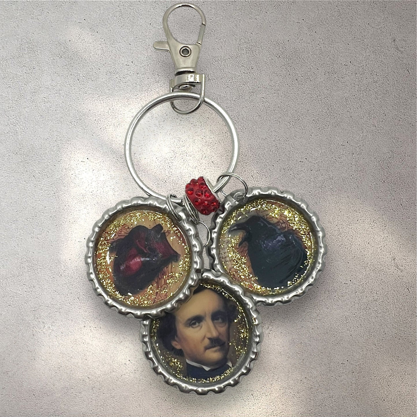 Edgar Allan Poe Keychain with Raven & Heart Charms