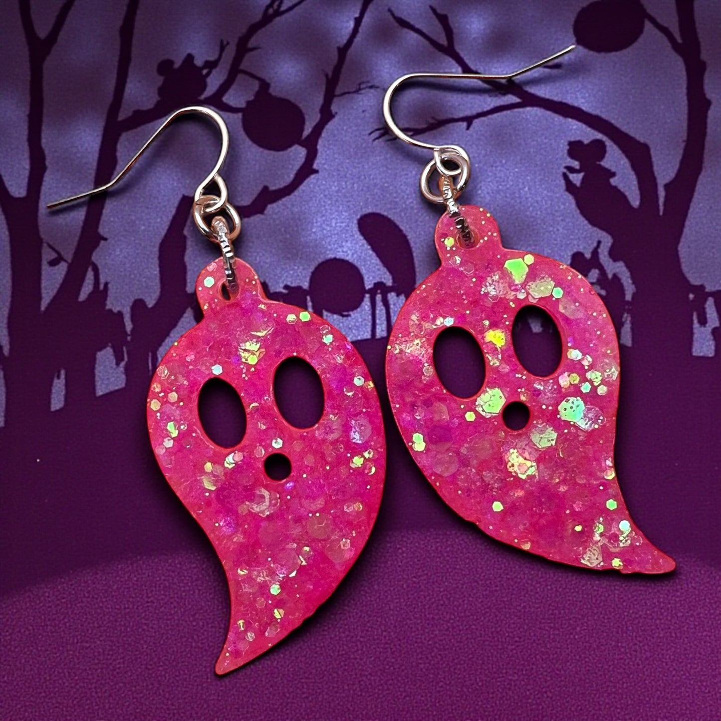 Hot Pink Glitter Ghost Earrings | Cute Kawaii Halloween Dangles