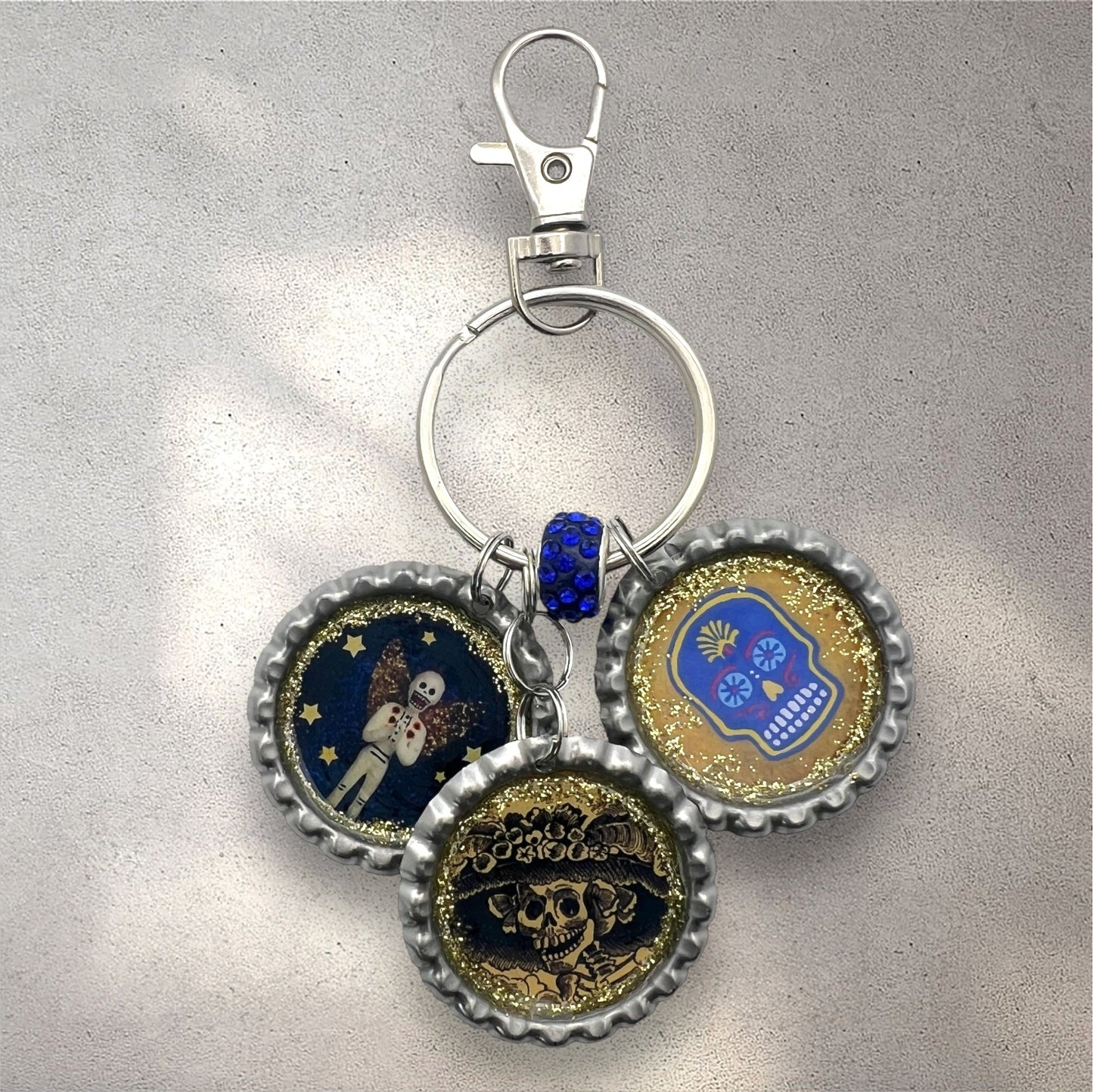 Day of the Dead Bottle Cap Keychain – Resin Calavera, La Catrina & Skeleton Angel