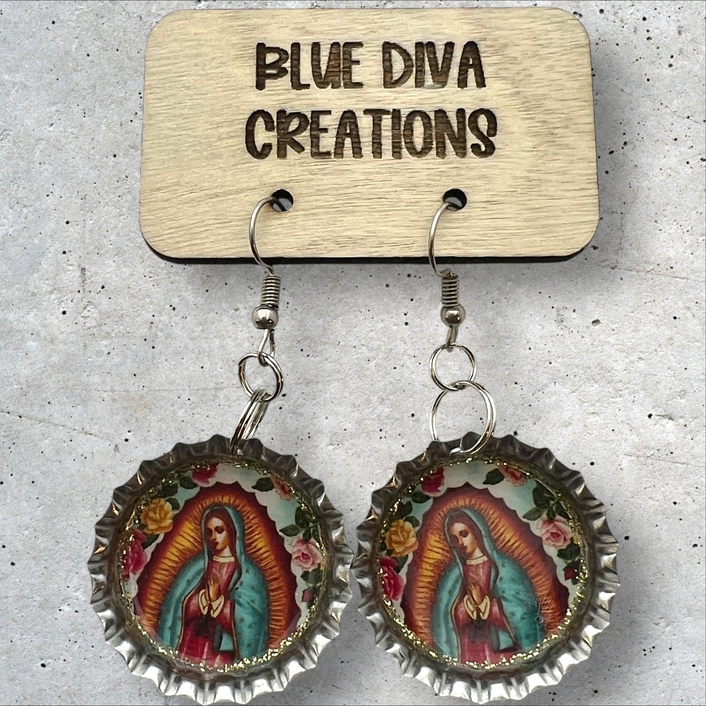 Virgen de Guadalupe Bottle Cap Earrings