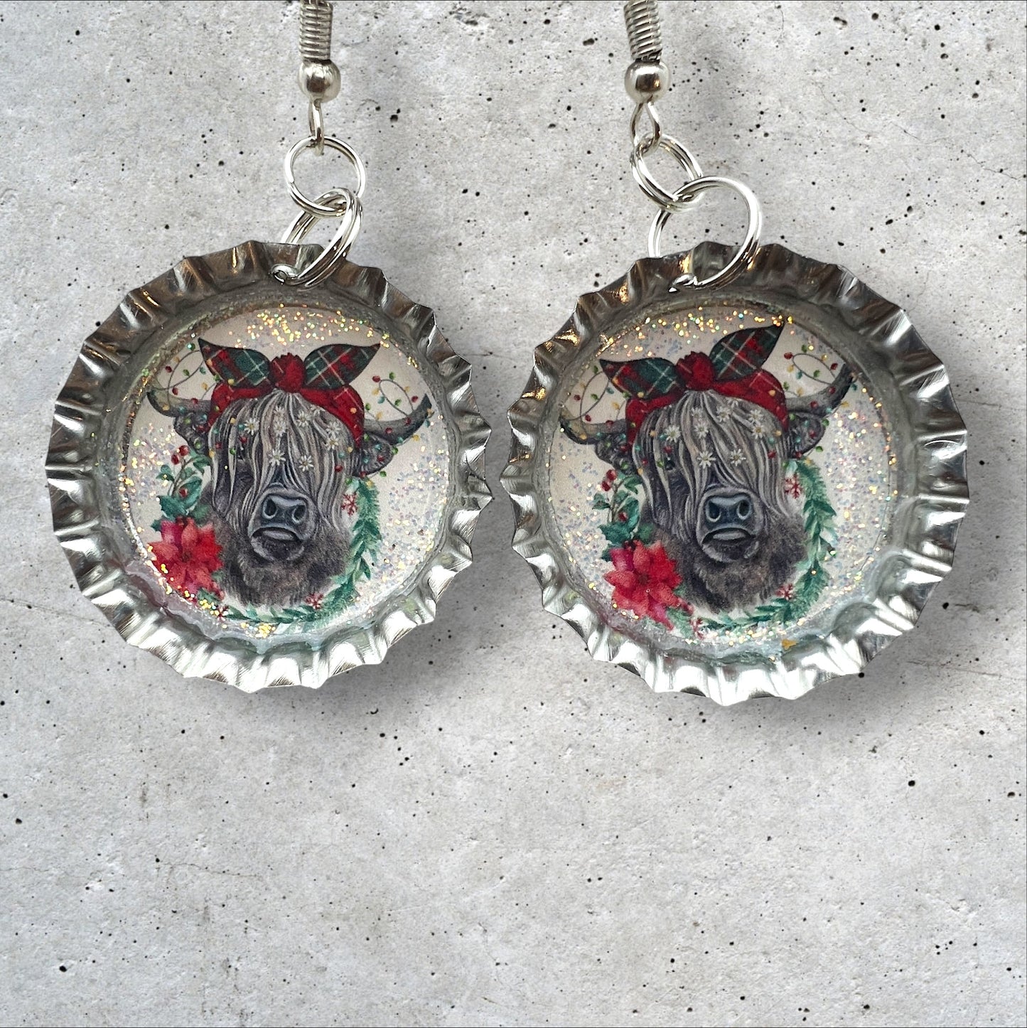 Highland Christmas Cow Bottle Cap Earrings