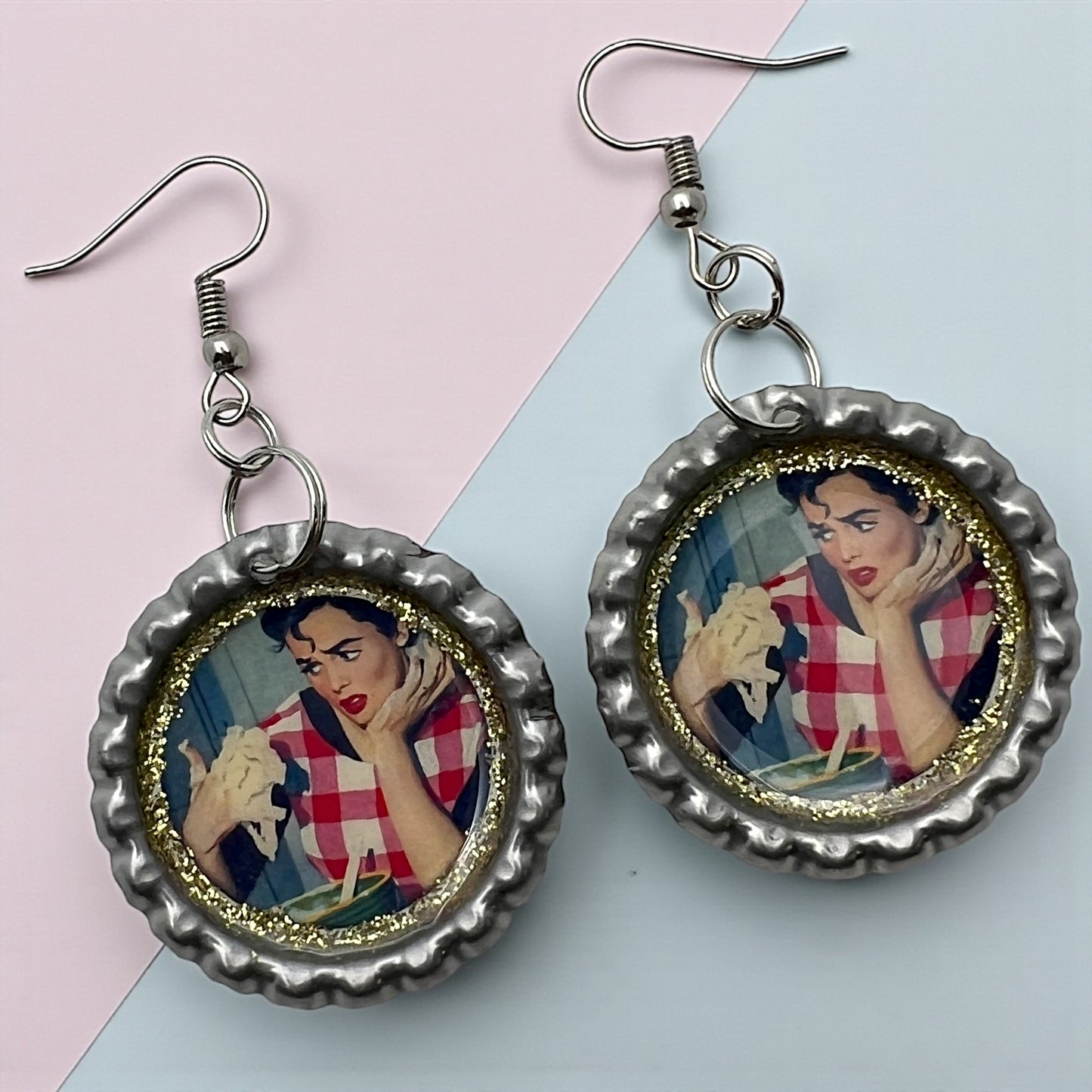 Vintage Kitchen Housewife Bottle Cap Earrings