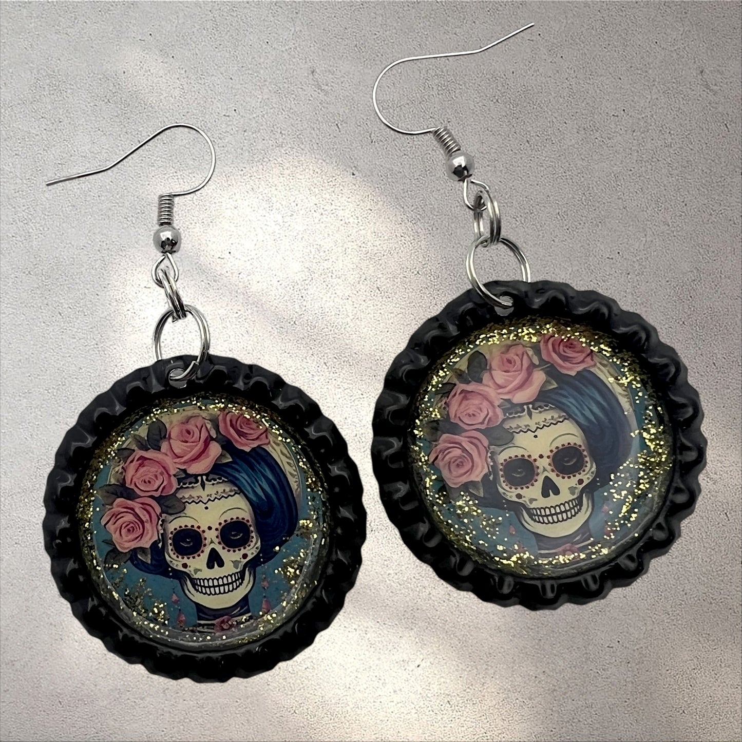 Sugar Skull Bottle Cap Earrings – Pink Rose Glitter Dangle | Día de los Muertos Jewelry