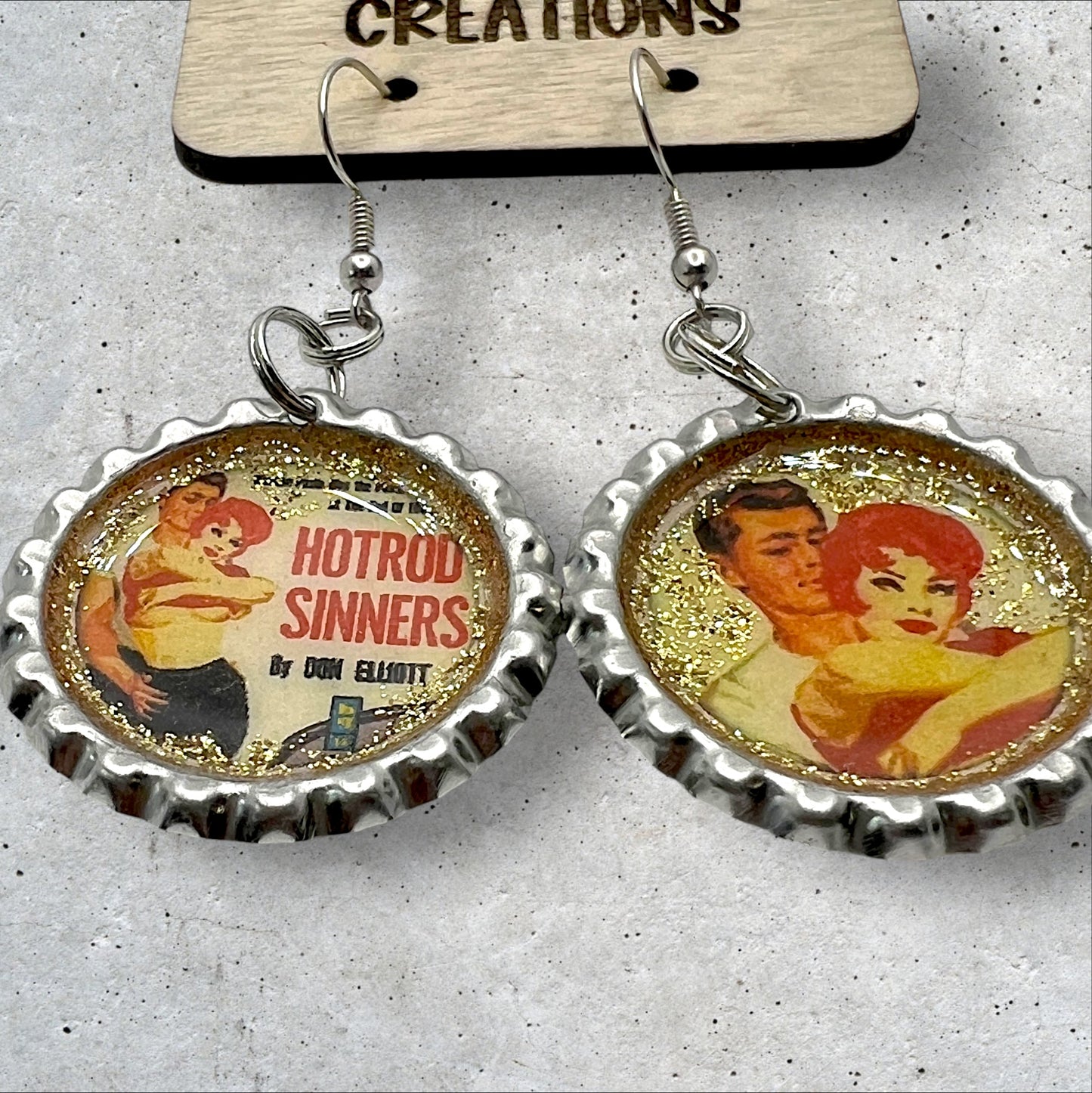 Pulp Fiction “Hotrod Sinners” Mismatched Bottle Cap Earrings