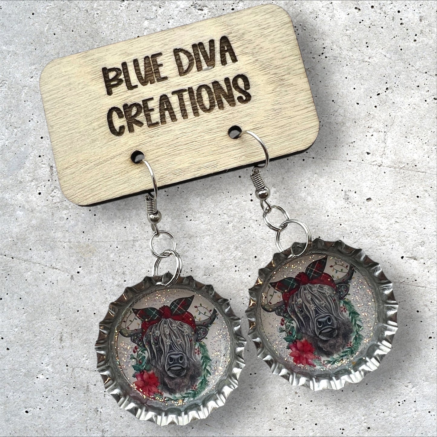 Highland Christmas Cow Bottle Cap Earrings
