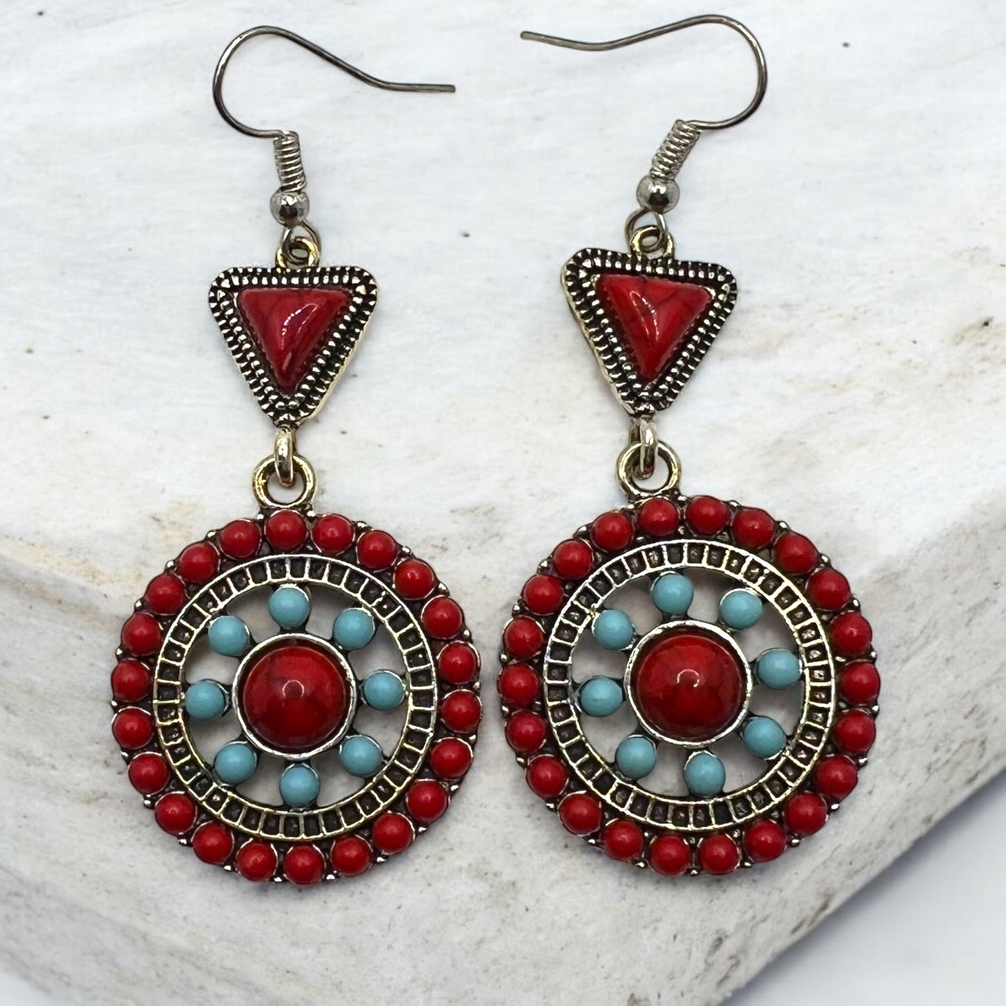 Boho Red Turquoise Beaded Dangle Earrings