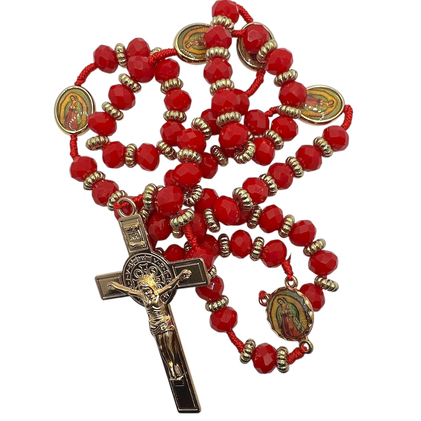 Red Crystal Rosary 21” with Our Lady of Guadalupe Medals & Gold Crucifix