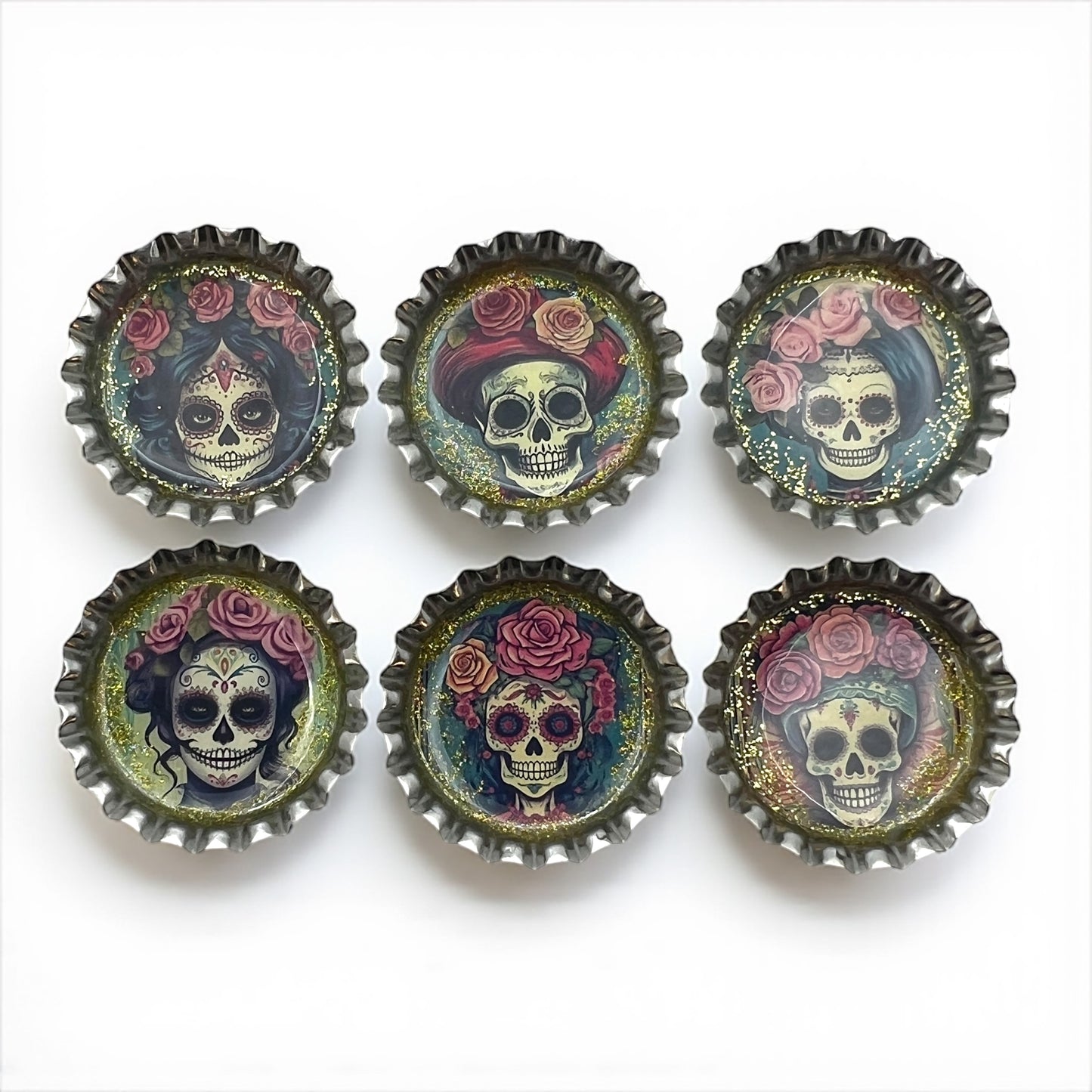 Day of the Dead Sugar Skull Bottle Cap Magnets – Set of 6 Glitter Resin Calavera Designs