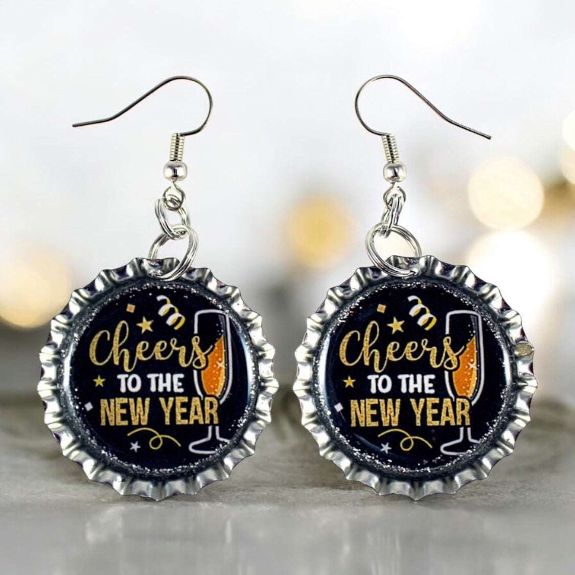 “Cheers to the New Year“ Bottle Cap Earrings