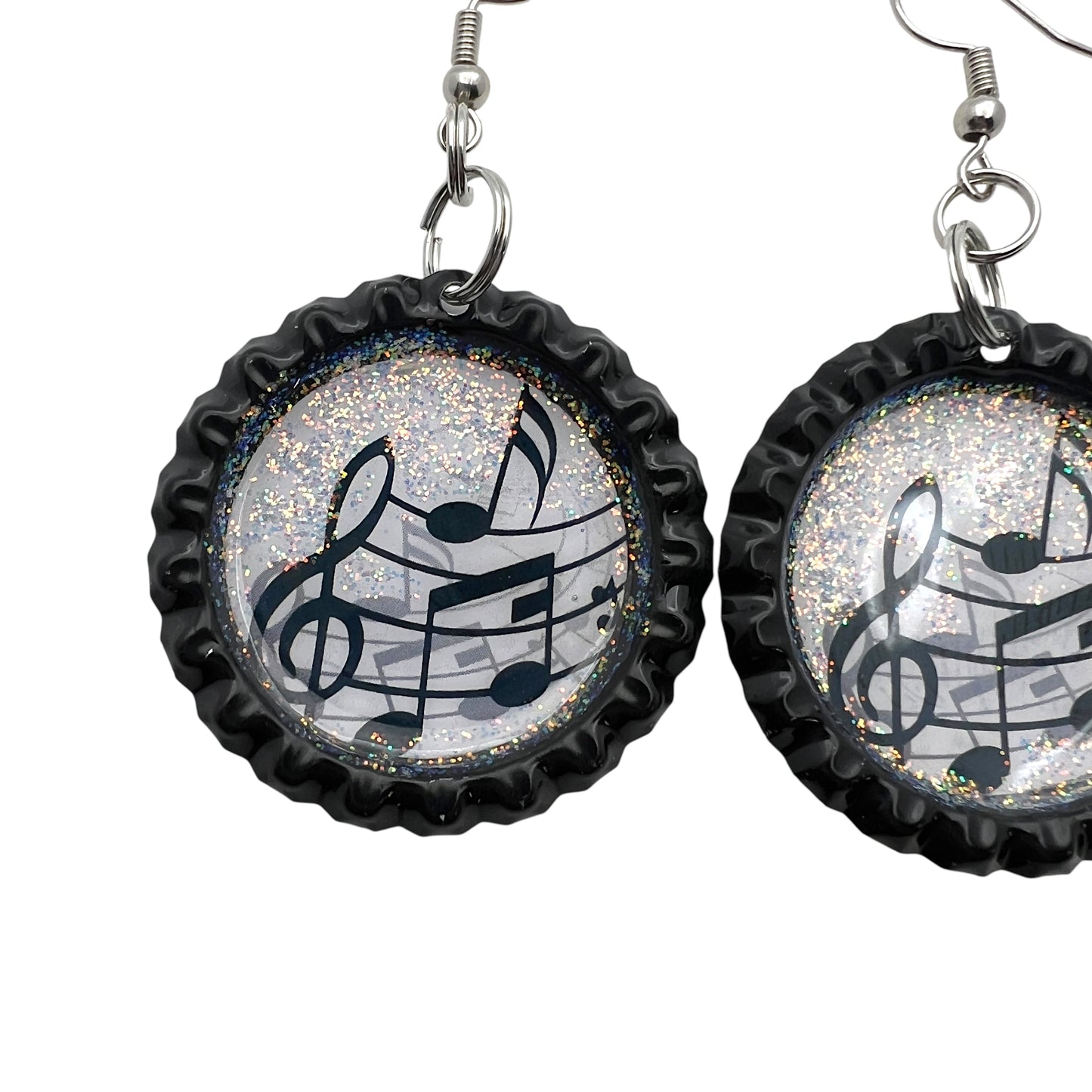 Music Note Bottle Cap Earrings โ Glitter Resin Dangle Jewelry for Musicians & Music Lovers