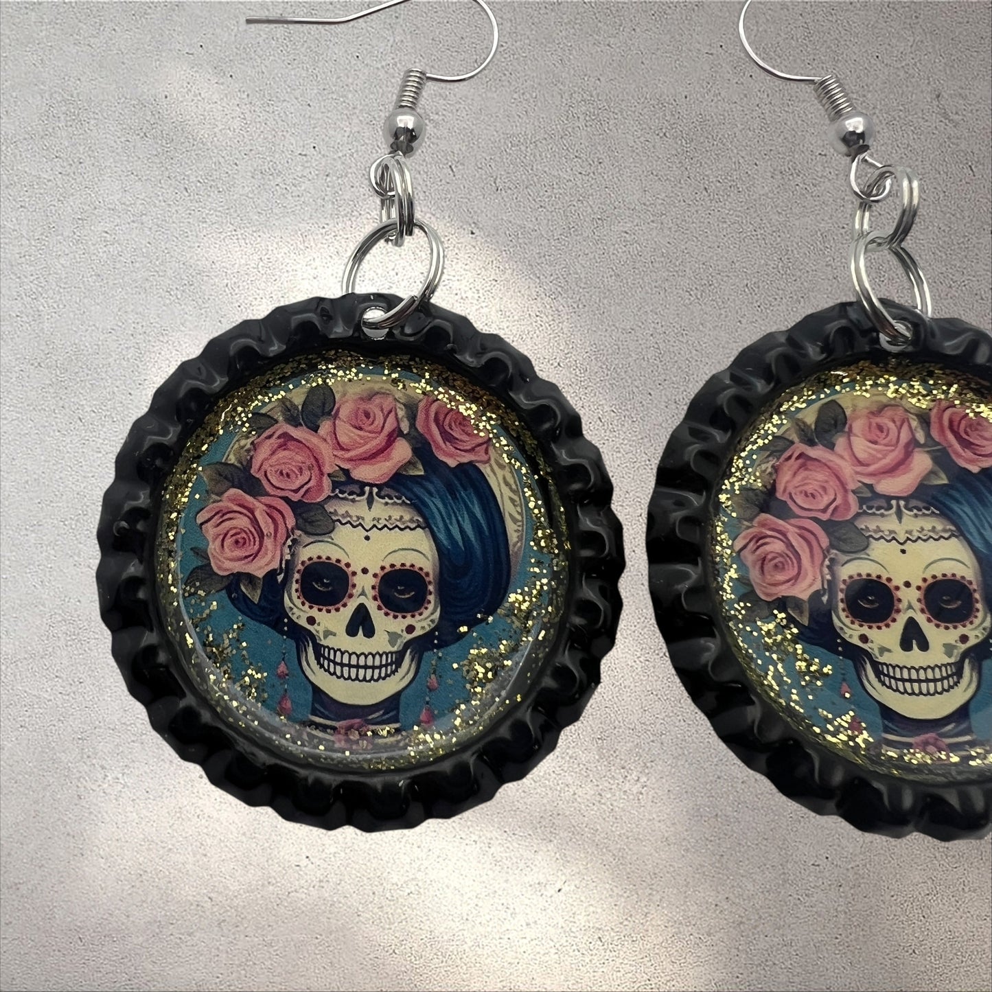 Sugar Skull Bottle Cap Earrings – Pink Rose Glitter Dangle | Día de los Muertos Jewelry