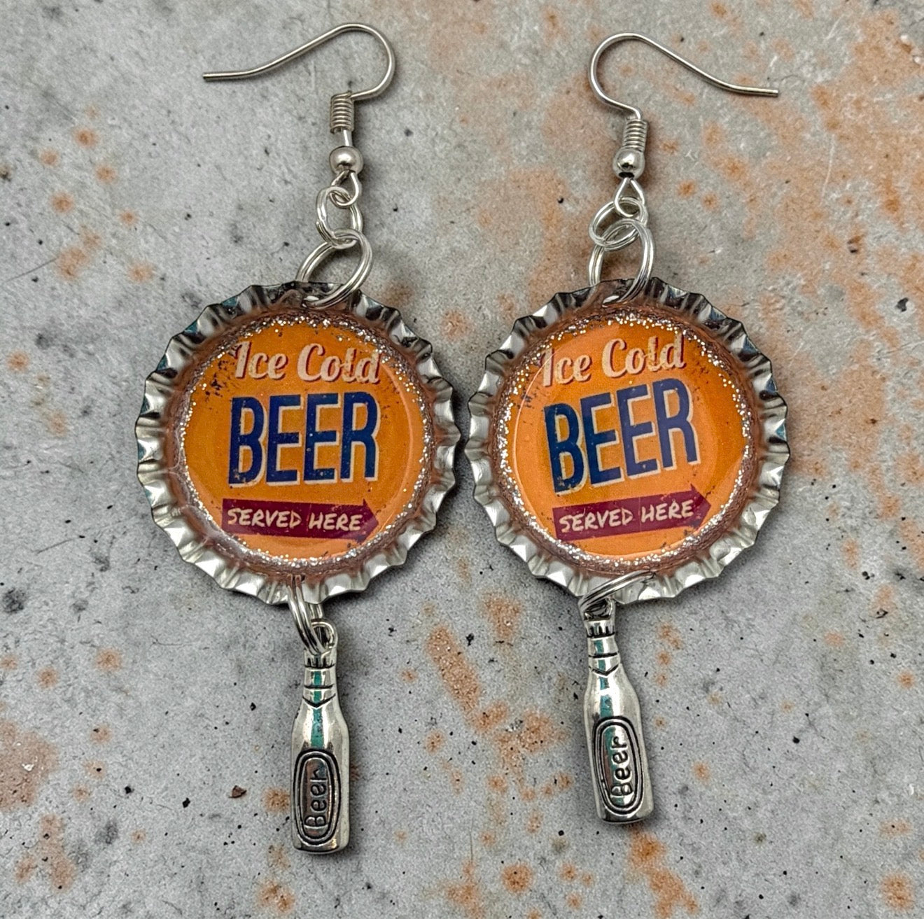 Upcycled Beer Bottle Cap Earrings with Charm