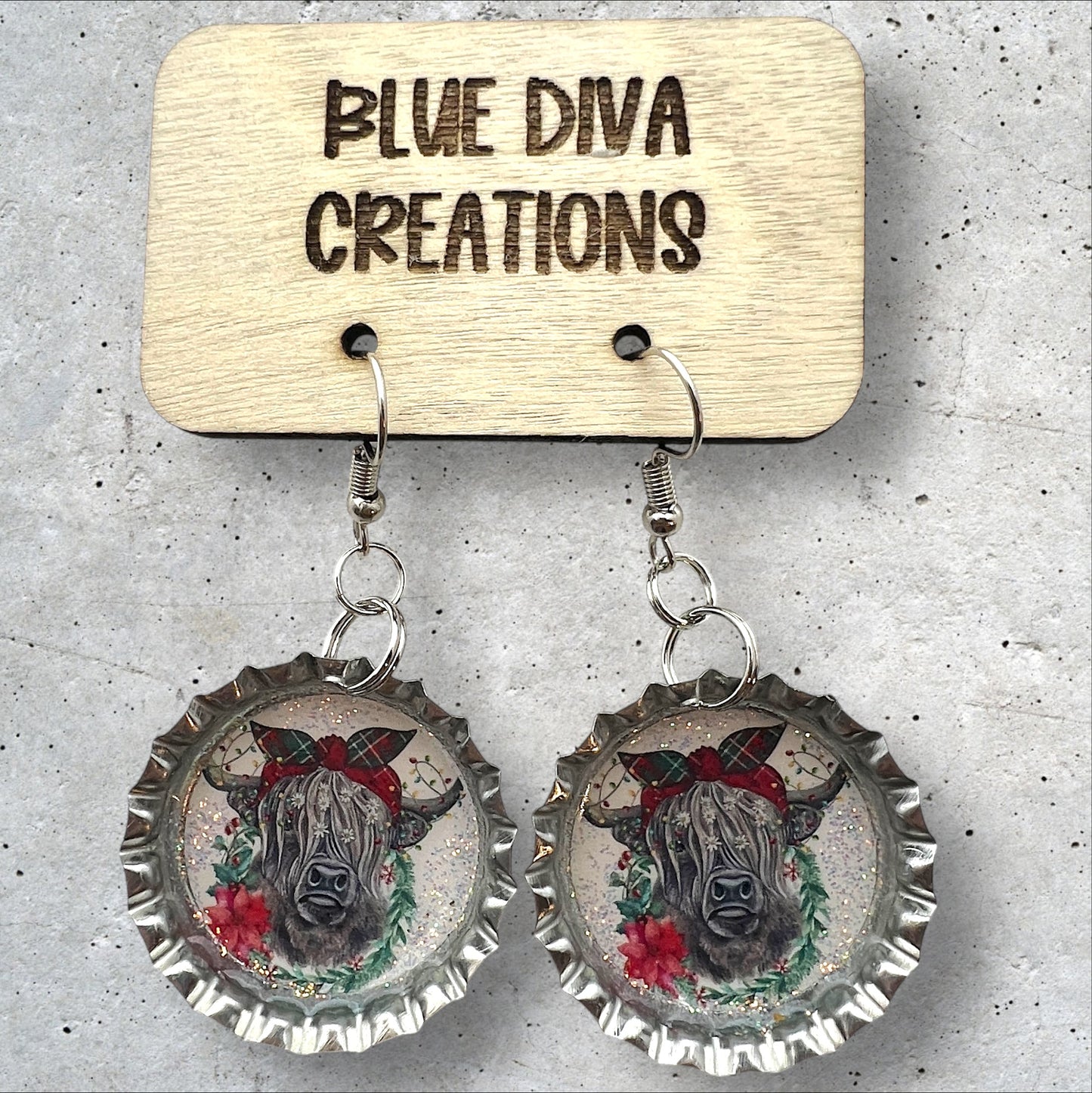 Highland Christmas Cow Bottle Cap Earrings