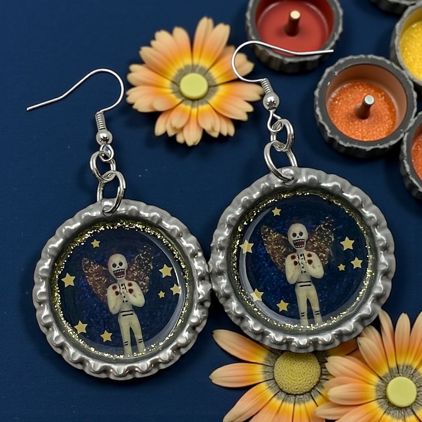 Skeleton Angel Starry Night Bottle Cap Earrings – Día de los Muertos Celestial Jewelry