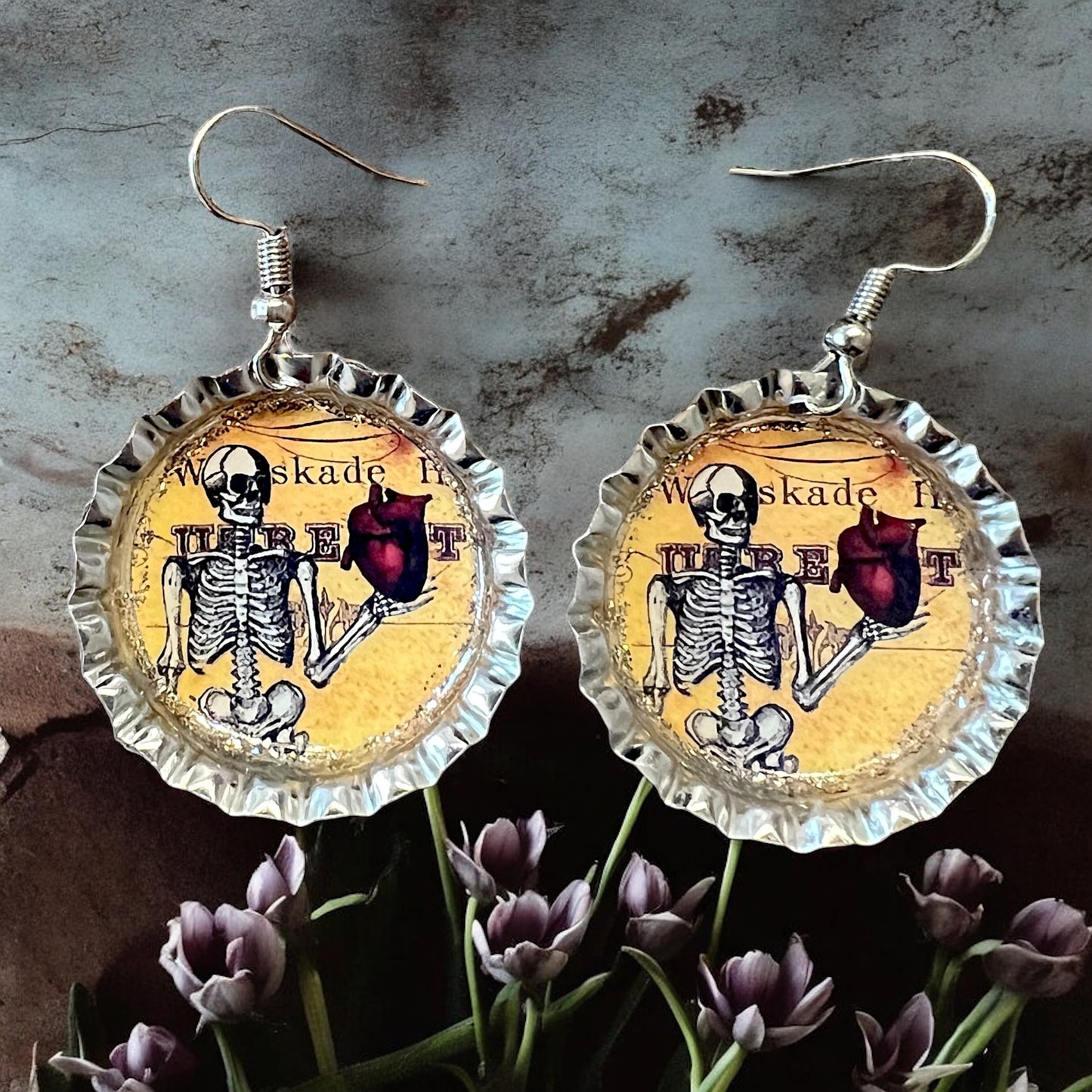 Gothic Vintage Macabre Skeleton & Heart Bottle Cap Earrings