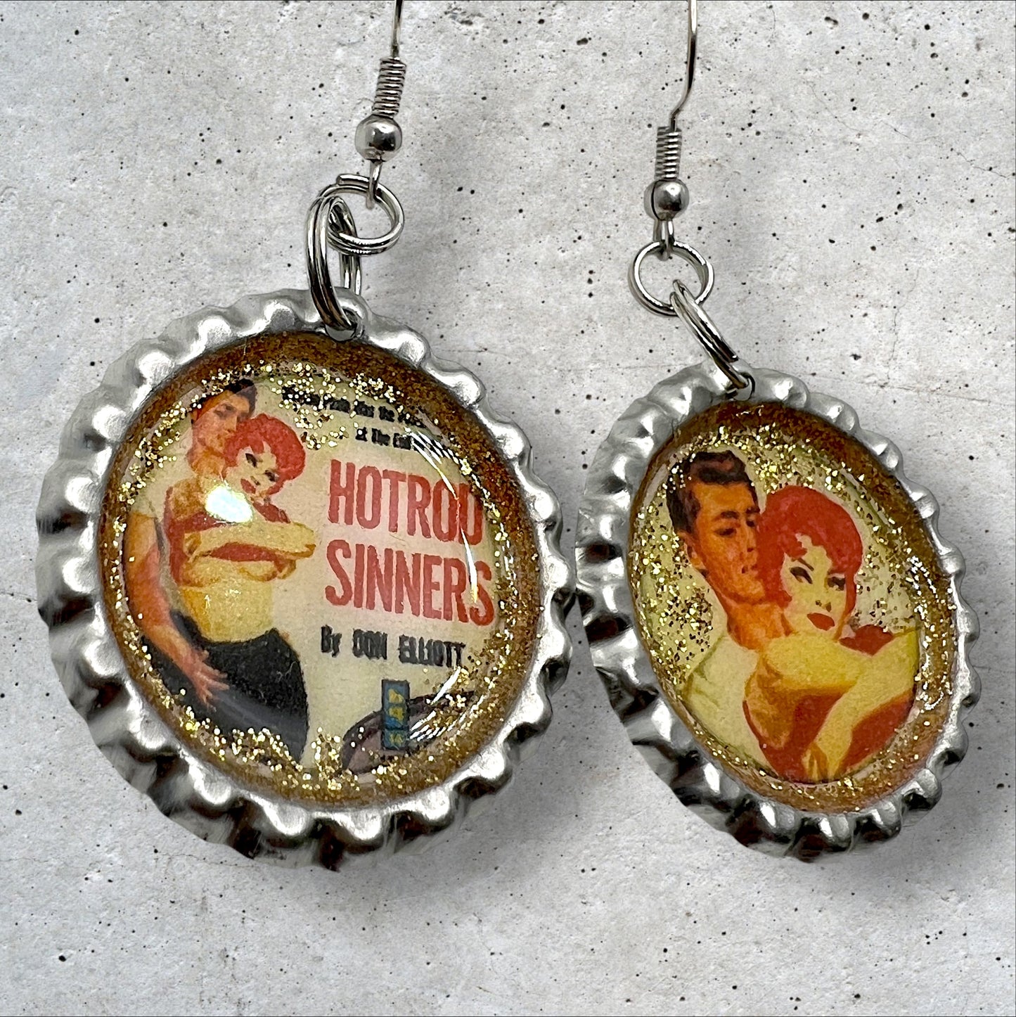 Pulp Fiction “Hotrod Sinners” Mismatched Bottle Cap Earrings