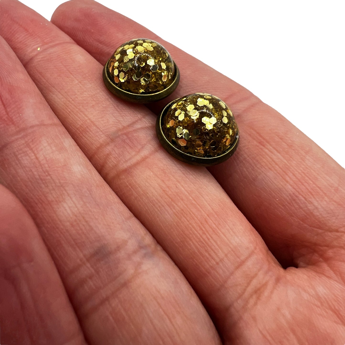 Gold Glitter Resin Stud Earrings – 12mm Sparkly Dome, Hypoallergenic, Handmade