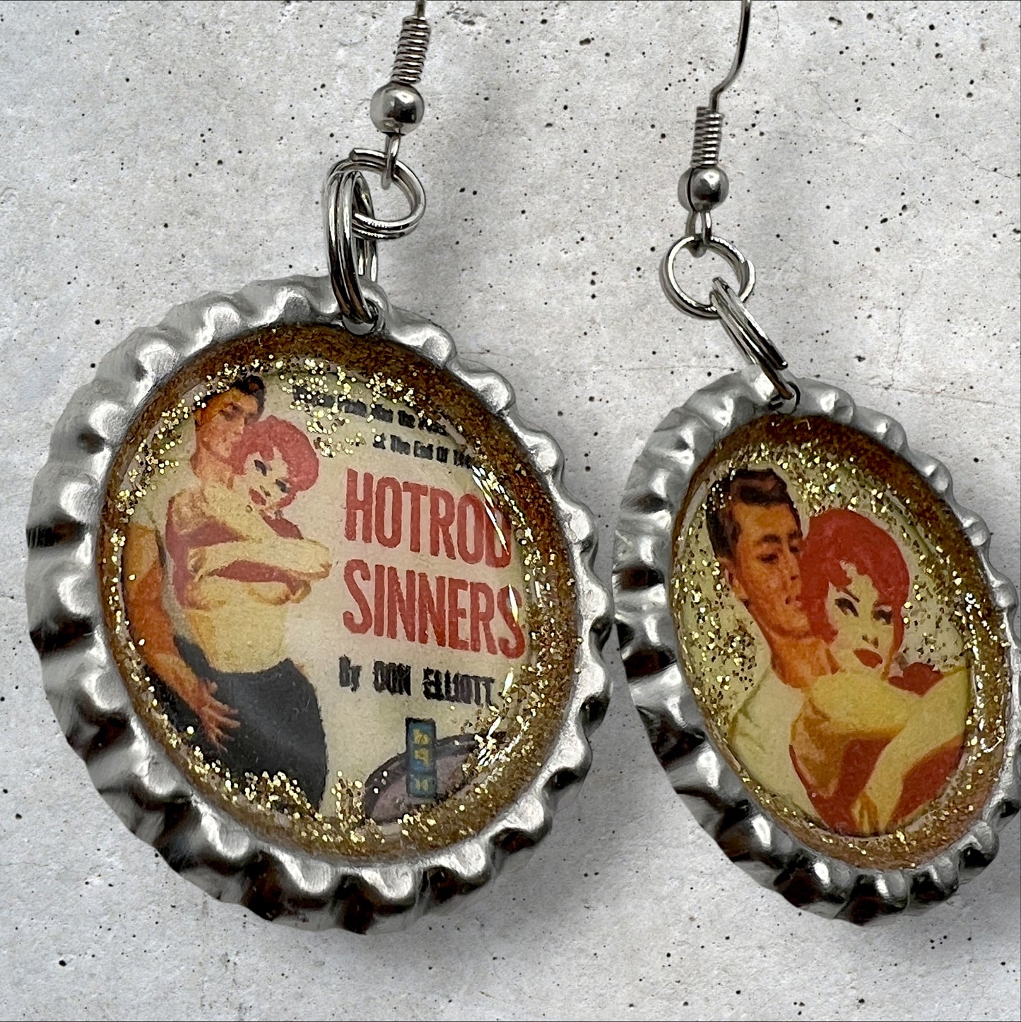 Pulp Fiction “Hotrod Sinners” Mismatched Bottle Cap Earrings