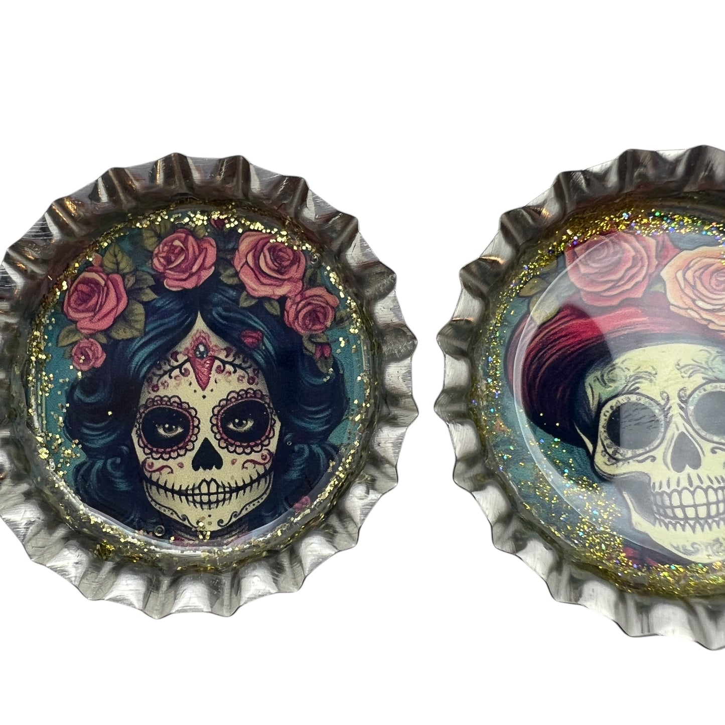 Day of the Dead Sugar Skull Bottle Cap Magnets – Set of 6 Glitter Resin Calavera Designs