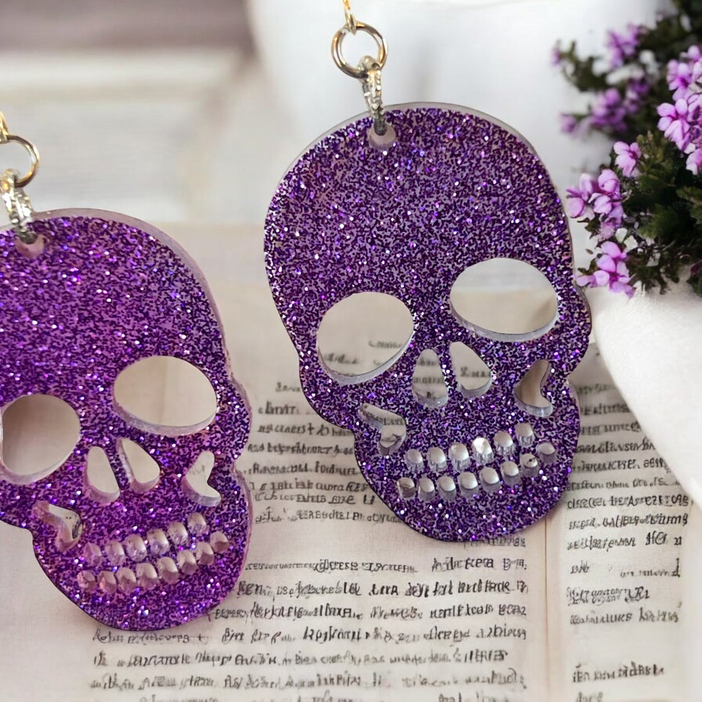 Large Purple Glitter Resin Skull Earrings