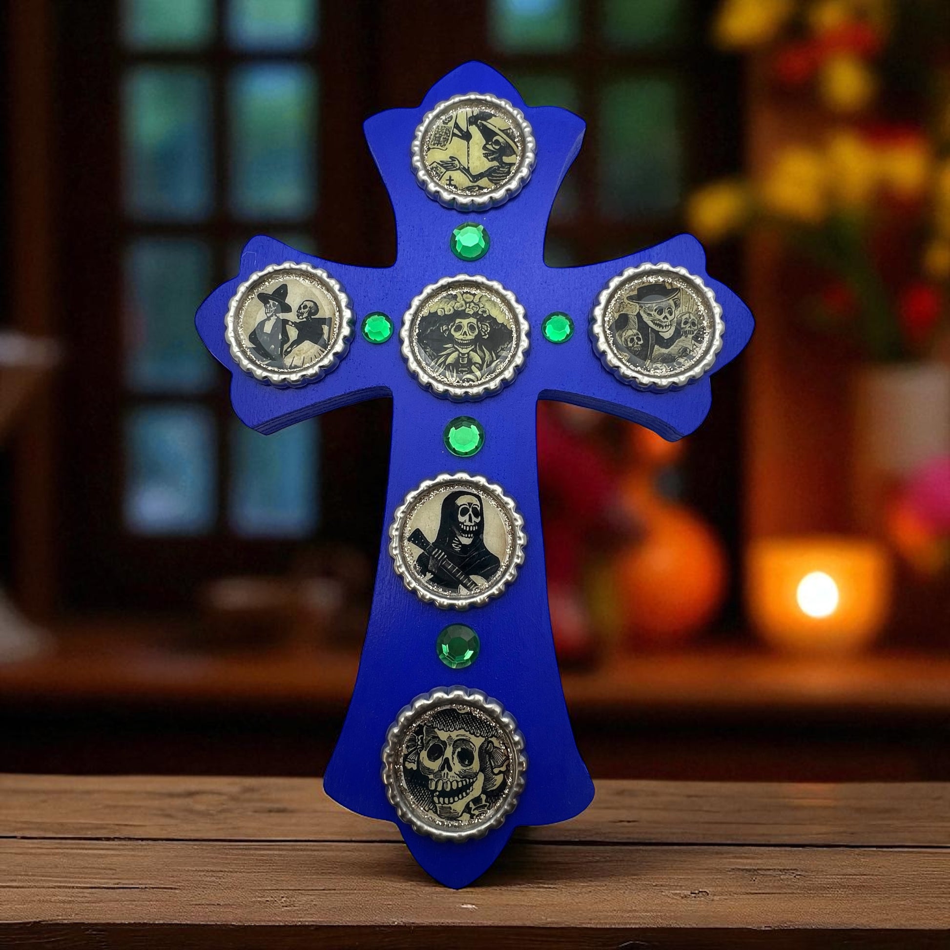 Blue Wooden Cross with Bottle Cap Calavera Art – Día de los Muertos Wall Décor