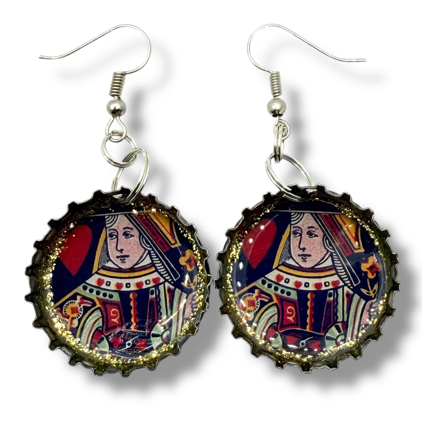 Upcycled Shiner Bottle Cap Queen of Hearts Earrings