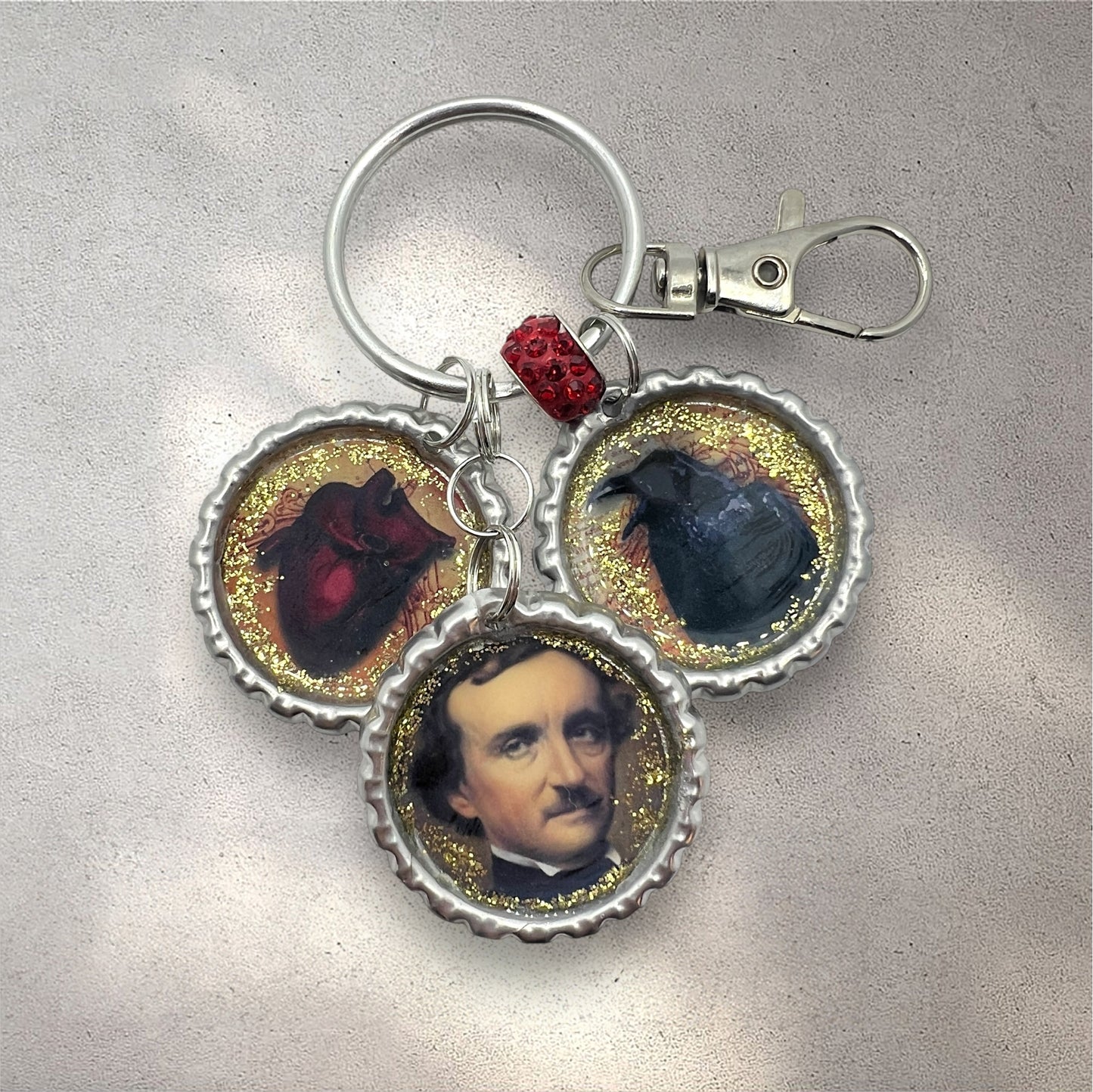 Edgar Allan Poe Keychain with Raven & Heart Charms