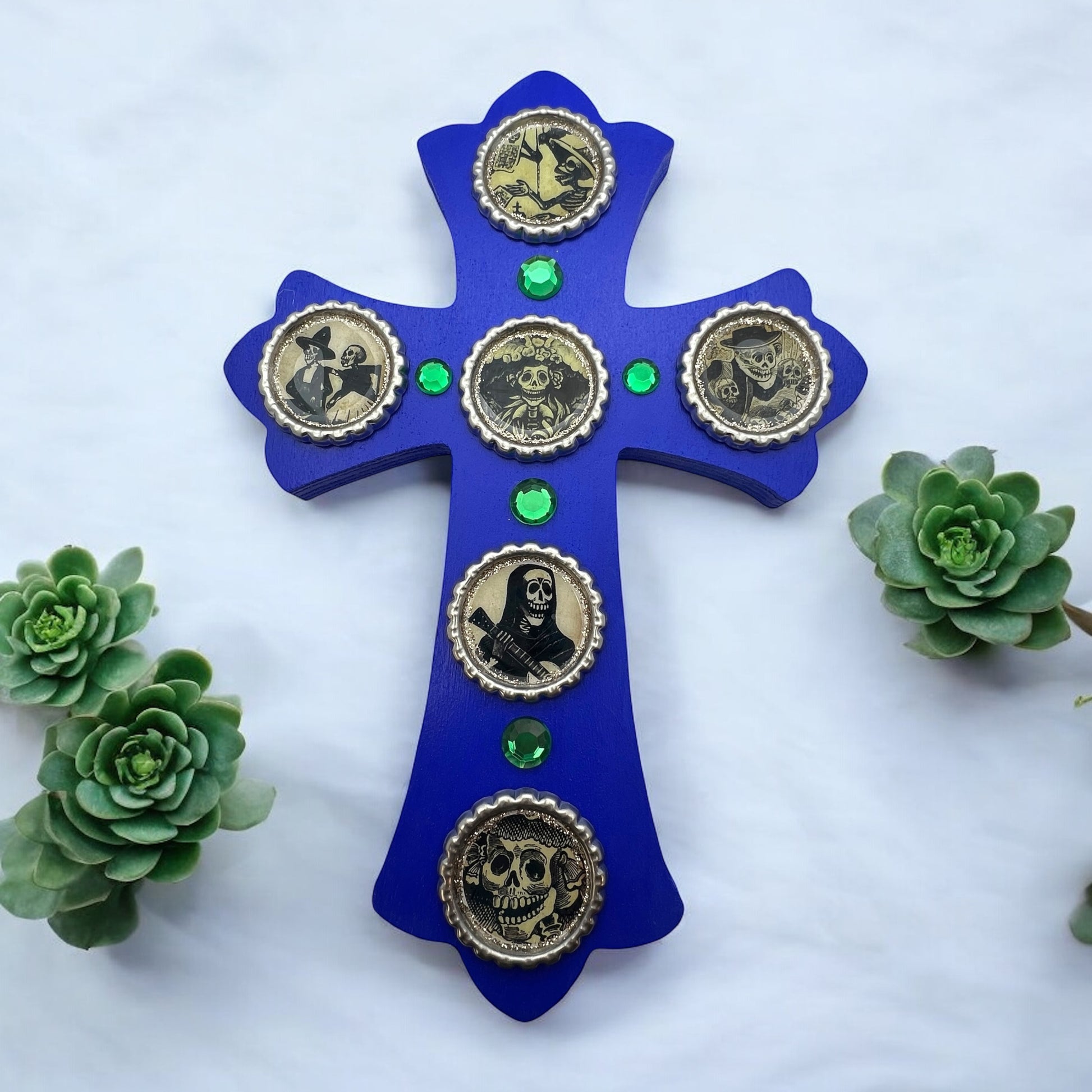 Blue Wooden Cross with Bottle Cap Calavera Art – Día de los Muertos Wall Décor