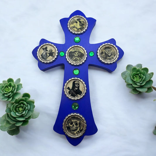 Blue Wooden Cross with Bottle Cap Calavera Art – Día de los Muertos Wall Décor