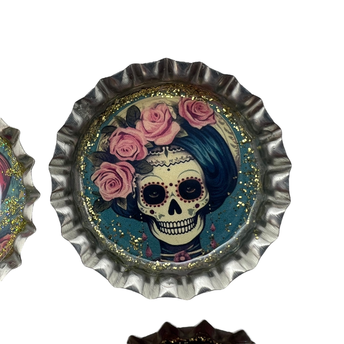 Day of the Dead Sugar Skull Bottle Cap Magnets – Set of 6 Glitter Resin Calavera Designs
