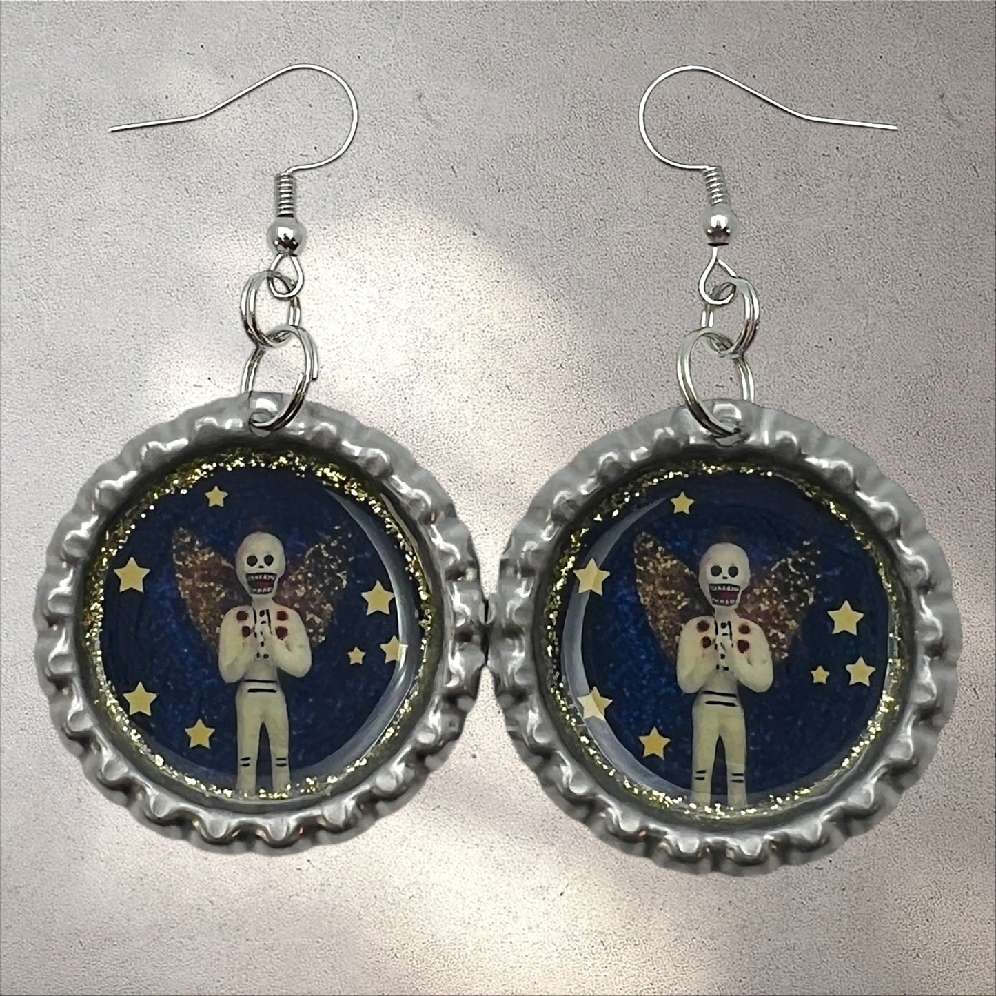 Skeleton Angel Starry Night Bottle Cap Earrings – Día de los Muertos Celestial Jewelry