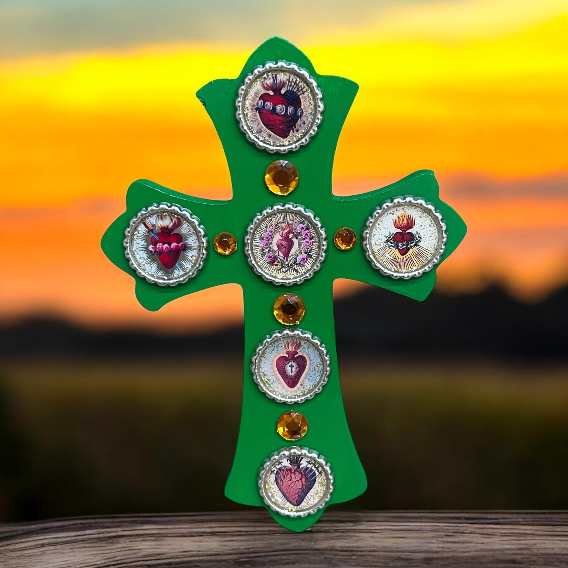Sacred Heart Wooden Cross – 8” Green Folk Art Cross with Bottle Cap Resin Images & Rhinestones