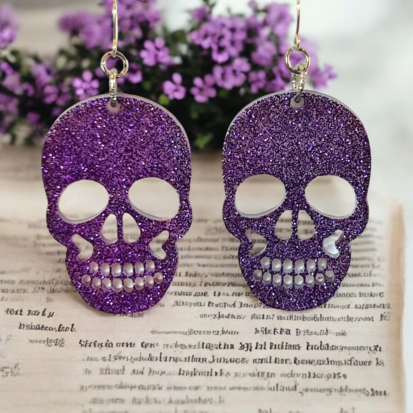 Large Purple Glitter Resin Skull Earrings