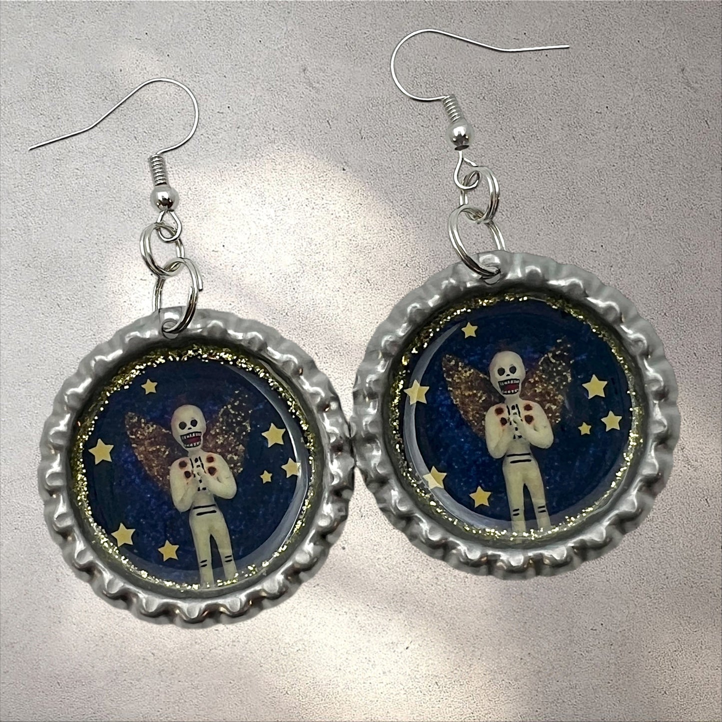Skeleton Angel Starry Night Bottle Cap Earrings – Día de los Muertos Celestial Jewelry