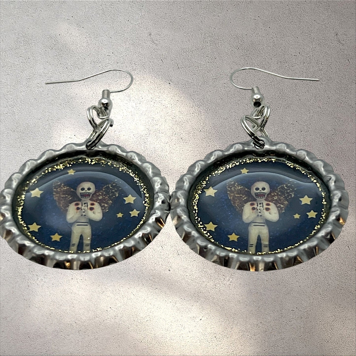 Skeleton Angel Starry Night Bottle Cap Earrings – Día de los Muertos Celestial Jewelry