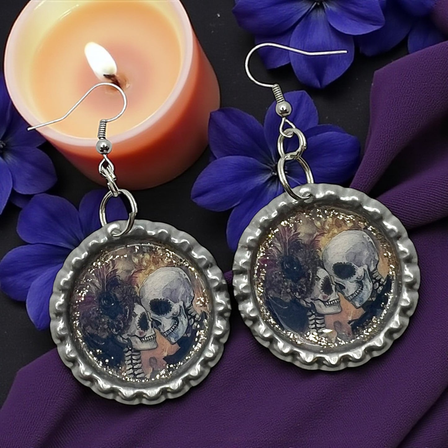 Romantic Skull Couple Bottle Cap Earrings