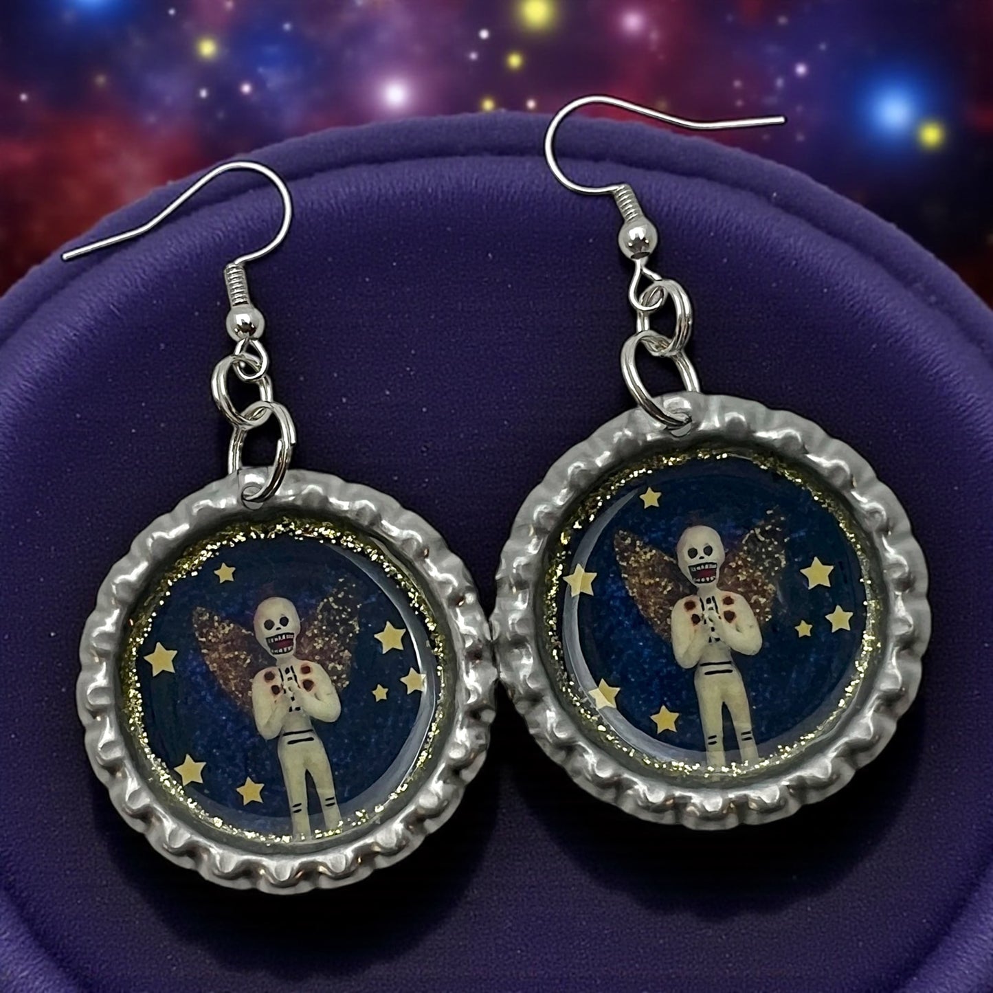 Skeleton Angel Starry Night Bottle Cap Earrings – Día de los Muertos Celestial Jewelry