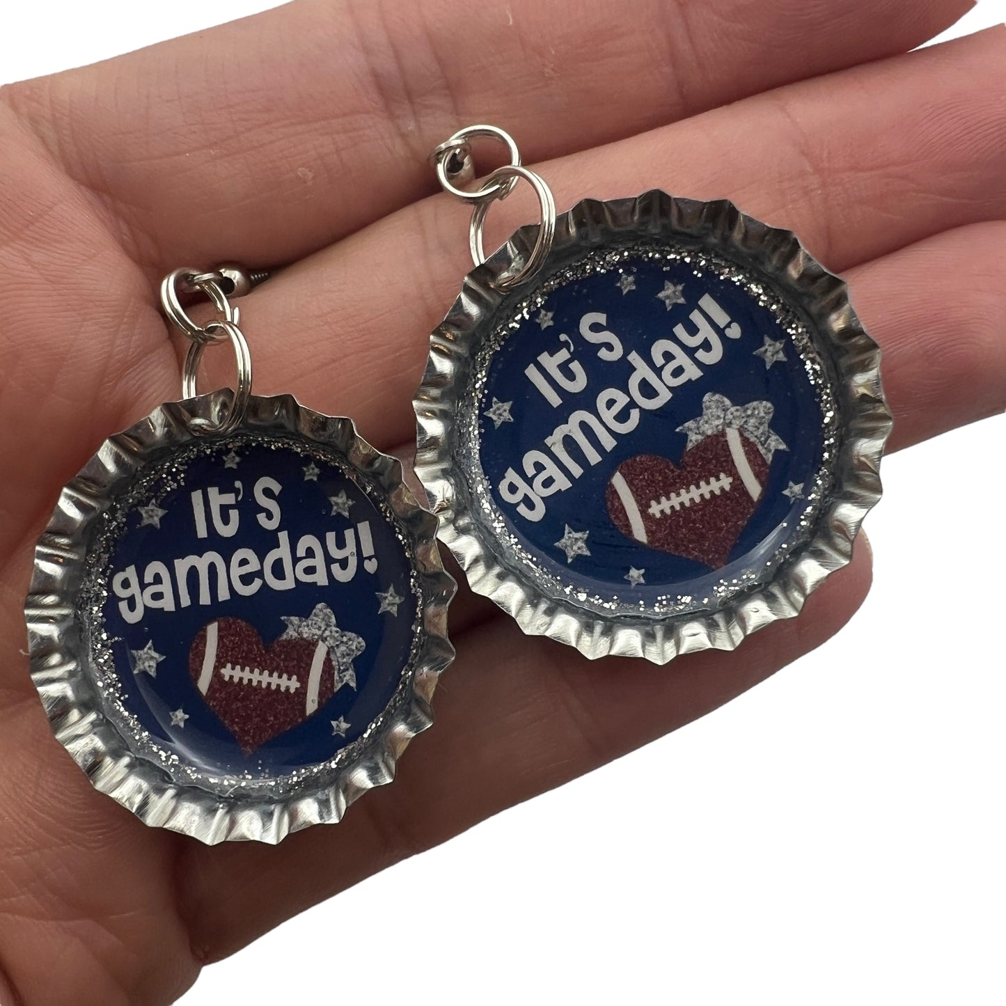 Blue Silver Game Day Football Bottle Cap Earrings