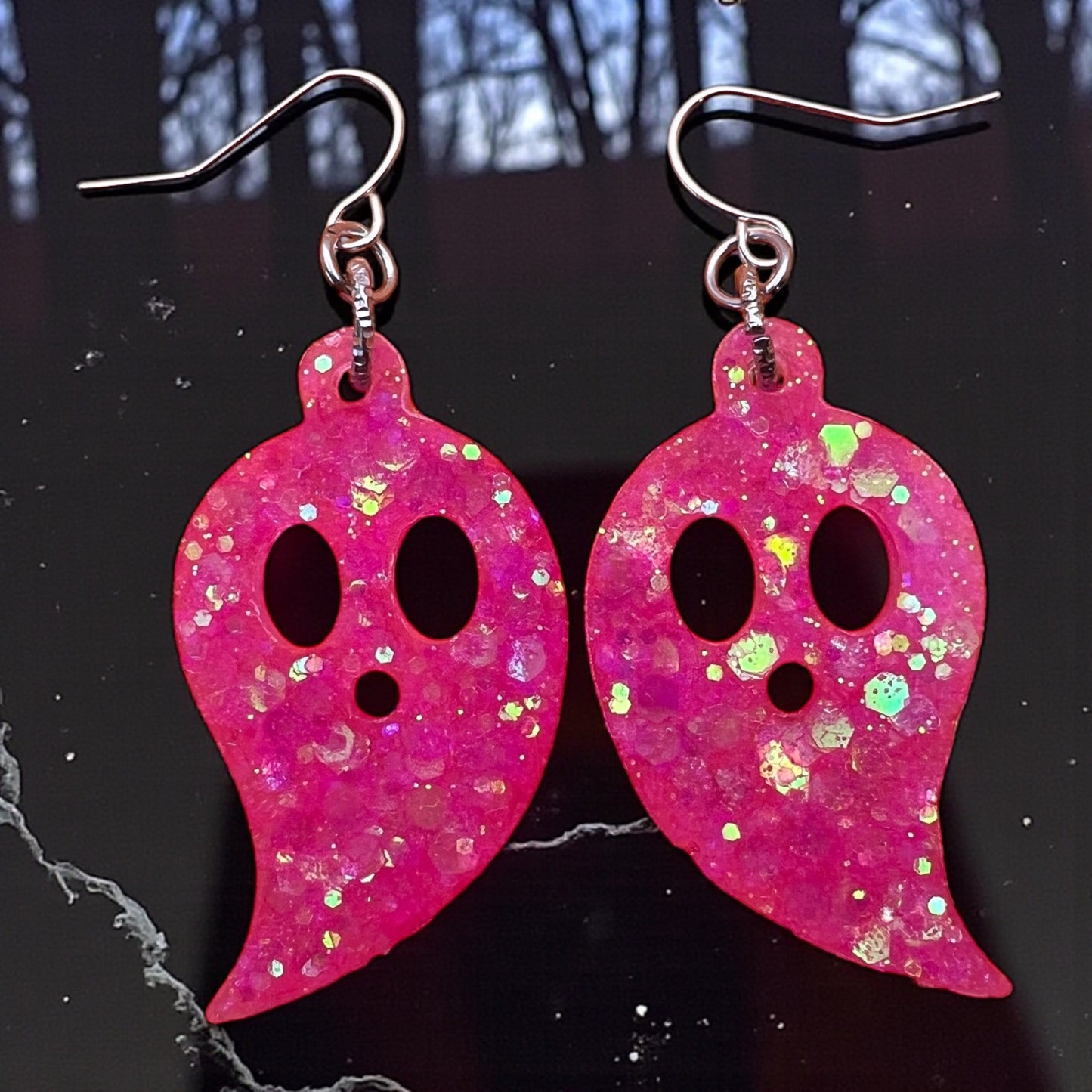 Hot Pink Glitter Ghost Earrings | Cute Kawaii Halloween Dangles