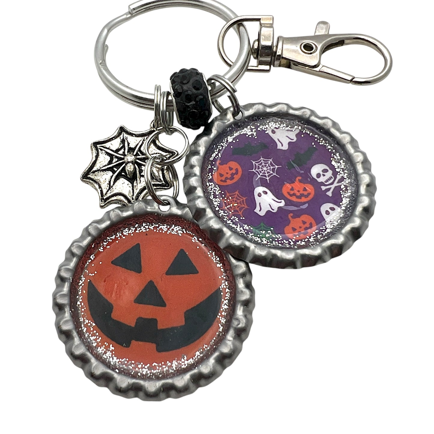 Halloween Bottle Cap Keychain – Jack O’Lantern Pumpkin, Ghosts, Skulls & Spider Web Charms