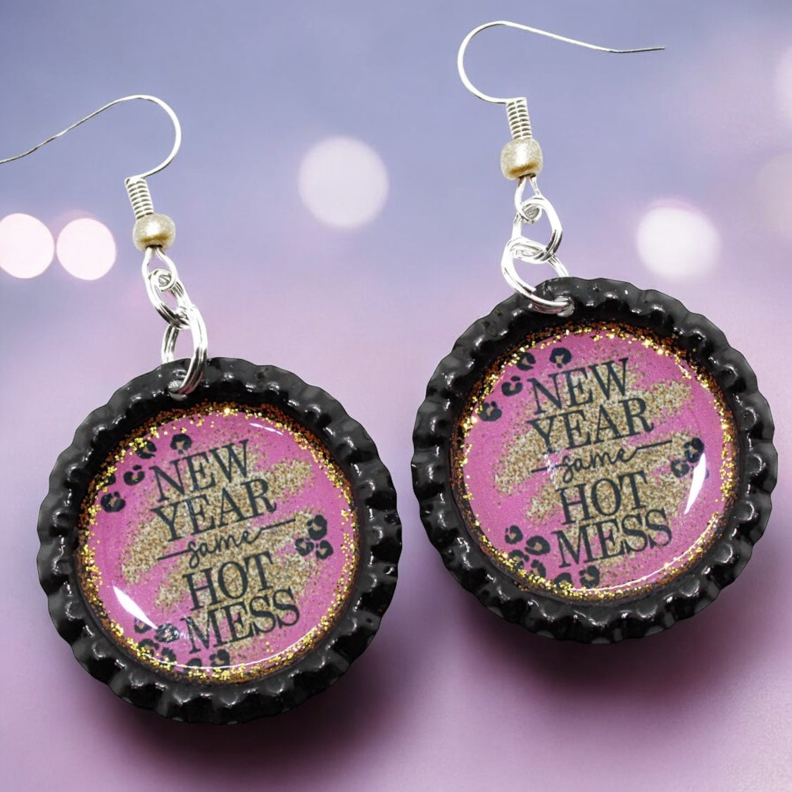 Pink “Hot Mess“ New Year Bottle Cap Earrings
