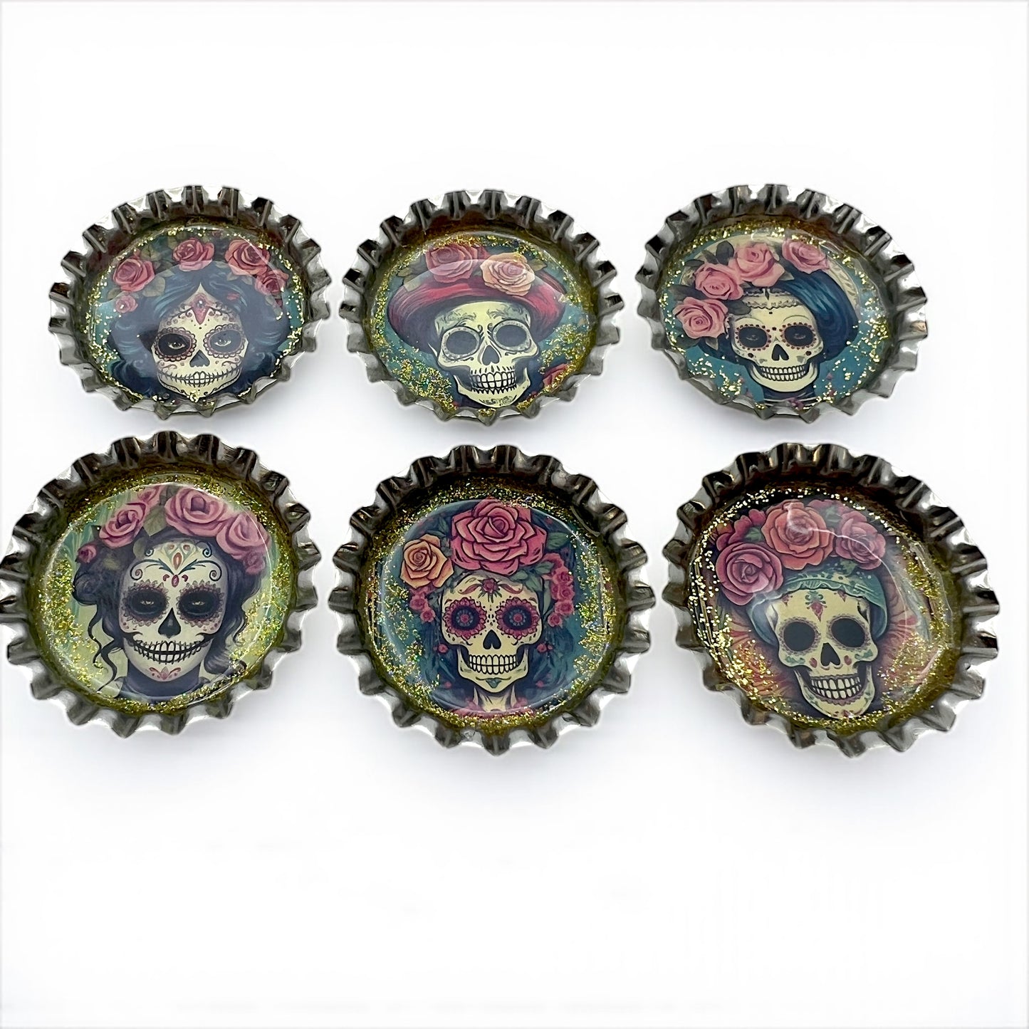 Day of the Dead Sugar Skull Bottle Cap Magnets – Set of 6 Glitter Resin Calavera Designs