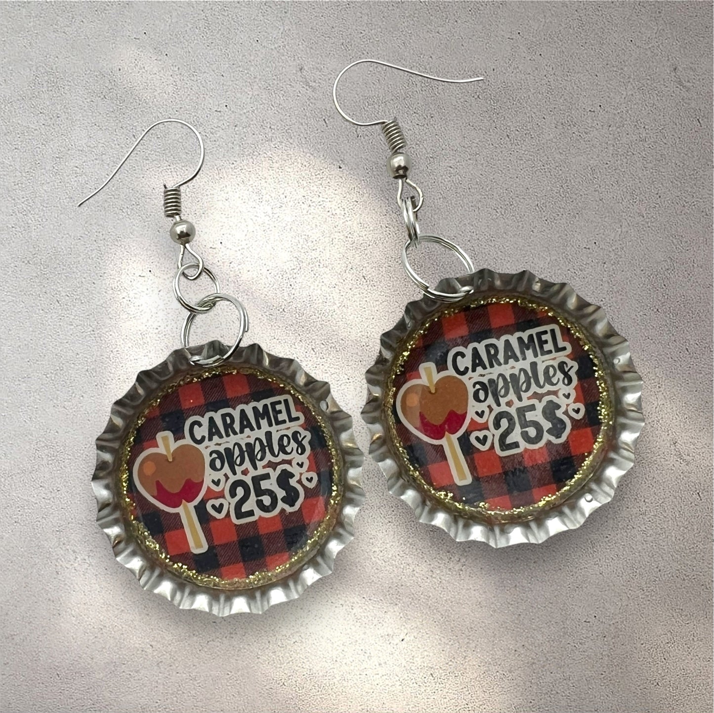 Caramel Apple Earrings – Fall Bottle Cap Jewelry with Buffalo Plaid & Glitter