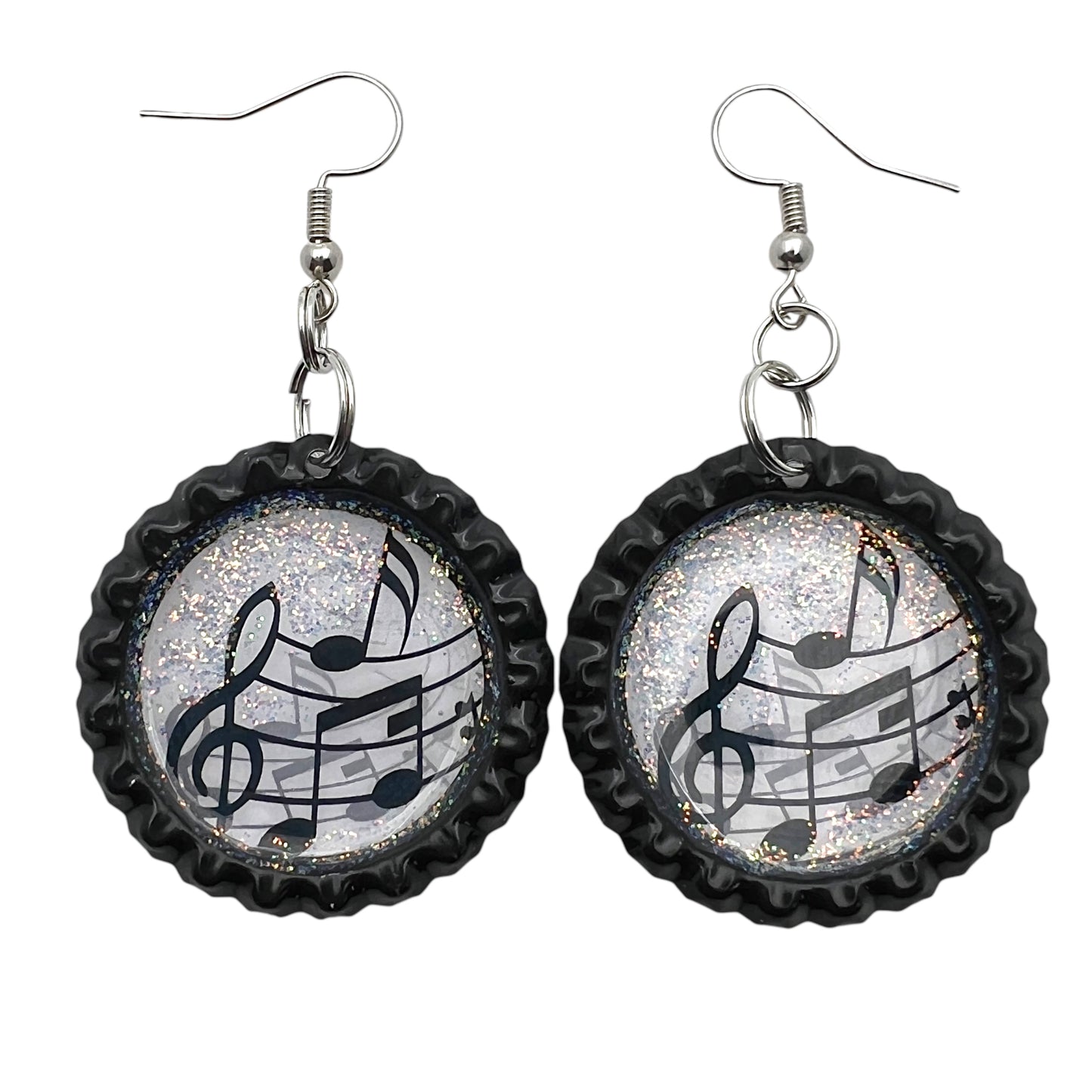 Music Note Bottle Cap Earrings โ Glitter Resin Dangle Jewelry for Musicians & Music Lovers