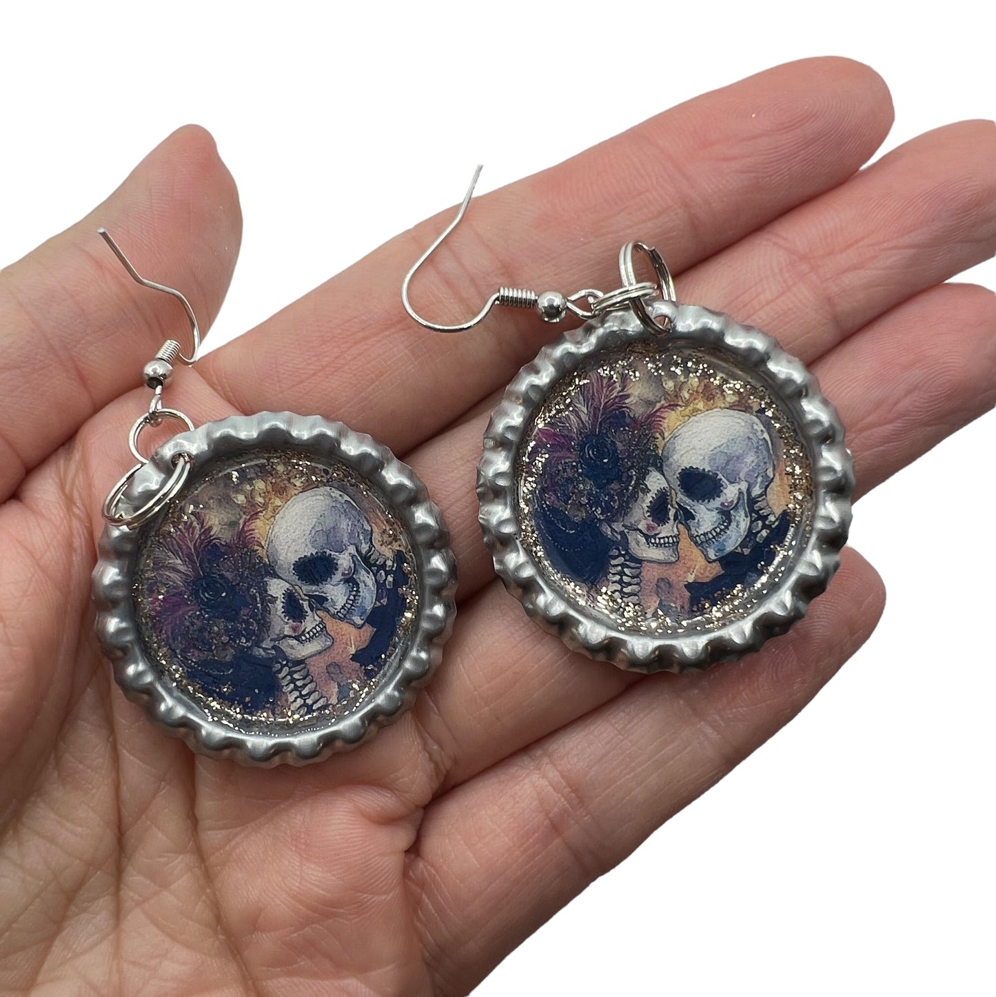 Romantic Skull Couple Bottle Cap Earrings